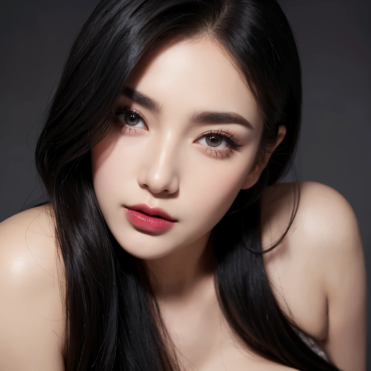 Kim Jennie con el cabello negro oscuro, con rulos en las puntas del cabello negro oscuro, con un ganchito de estrella en el cabello negro oscuro, ojos de color claro, ojos bonitos, nariz bonita y respingada, labios bonitos, labios rosas, heart and cupid shaped lip, piel bonita, pale, piel blanca, con lunares y pecas en todo el rostro, rubor rosa suave en las mejilla, rubor rosa natural, dark and gothic makeup, Jennie gotica, cuellos bonito, cuello marcado, frown, mirada enojada, con un collar de beso, un collar bonito de beso, mientras muestra sus pechos desnudos, mientras tiene los pezones con dos corazones de papel rosa, tiene los pezonnes con corazones de papel rosa (pechos grandes, pechos suaves, pechos bonitos, pechos naturaleirando a la camara, autofoto