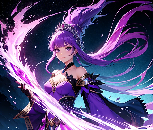 Princess, purple hair, elegant, water magic, warrior outfit, less specialized.