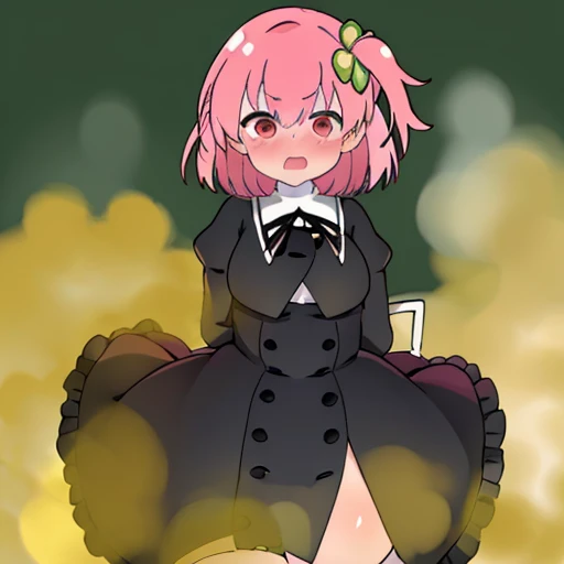 Highest image quality、(master piece:1.2)、detailed、Riri Ichiyanagi、1 girl、solo、pink hair、red eyes、fart、Are standing、a lot of gas、blush、black uniform、white inner、big breasts、Clover hair fastening、shy、loud fart sound、Feeling like diarrhea、Gas comes out of the butt、school classroom、