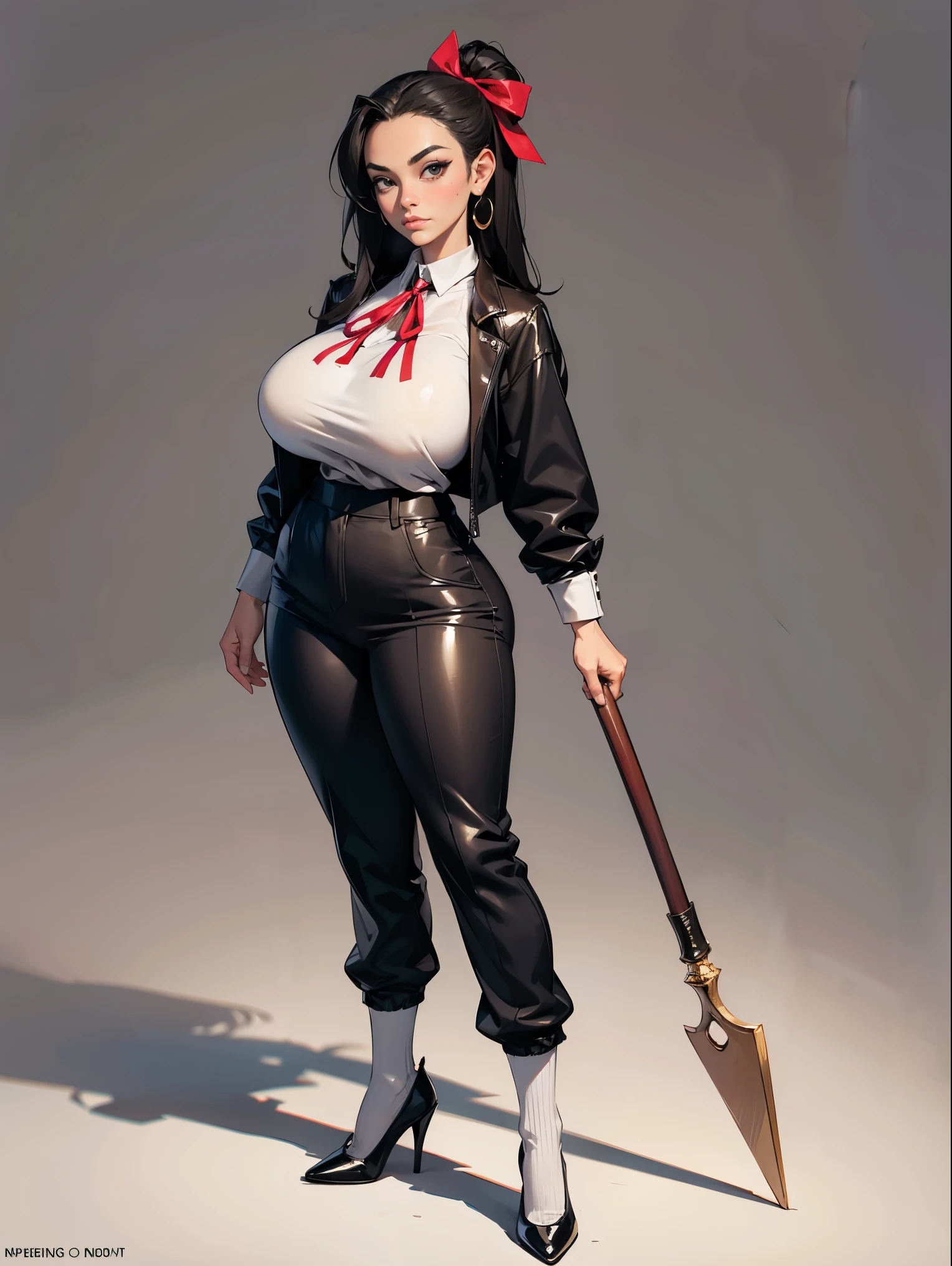 Lonely young adult girl, Tall stature, large chest, closed mouth, asian face: brown eyes; black hair; sharp facial features; dimple on the chin; asian; ; pronounced high cheekbones; high forehead, stands upright, (gigantic breasts:1.4), detailed face, : large ribbon; pants, Full-length painting, white crew socks, black heels, big eyes, Thepit style