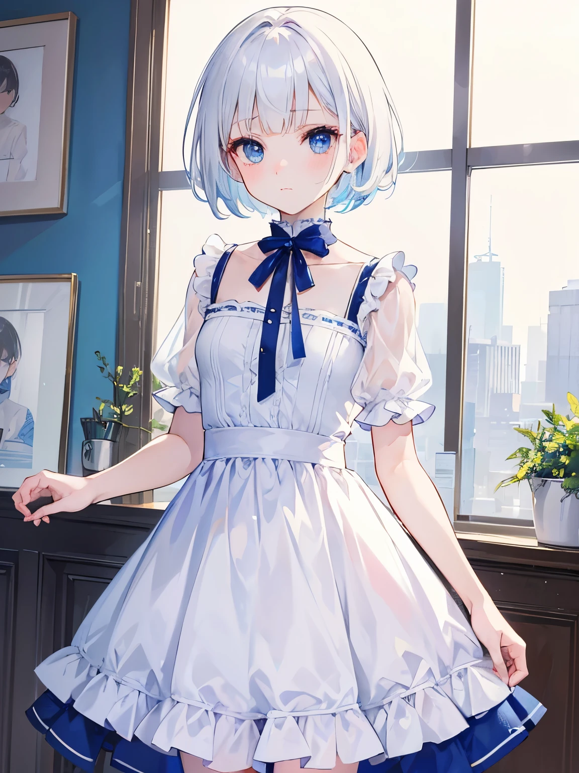 (best quality),(masterpiece),super cute girl,(white)short hair,cut bangs,blue eyes,dress,thin and small,cry