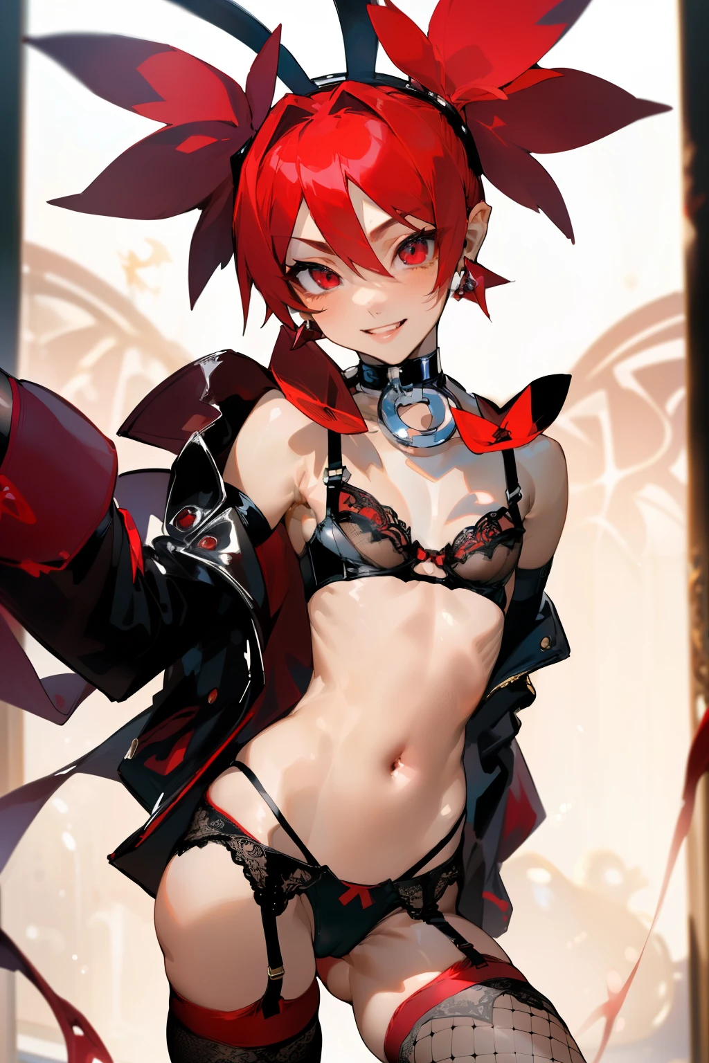 (highest quality、masterpiece:1.2), etna, red hair、red eyes, elegant、Charm、sexy、beautiful well-groomed face、beautiful eyes、beautiful hair、smooth skin、beautiful mouth、smooth legs(a ferocious look、Vulgar smile), (black underwear,bra,Underpants、garter belt、Fishnet tights、choker)