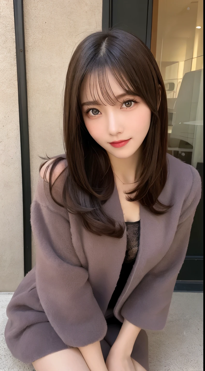 table top, highest quality, shape, Super detailed, finely, High resolution, 8k wallpaper, 完璧なダイナミックな構shape, beautiful and detailed eyes, medium hair, small breasts, natural color lip, random sexy pose,smile,big city、20 year old girl、midnight、beautiful and detailed face、perfect and beautiful face,Big eyes、RAW photo、spread both arms and legs wide、Express a feminine pose with your whole body、beautiful and detailed eyes、small face、beautiful duplex、slim face and style,luxury brand mink coat(inner:winter dress)、beautiful golden ratio face