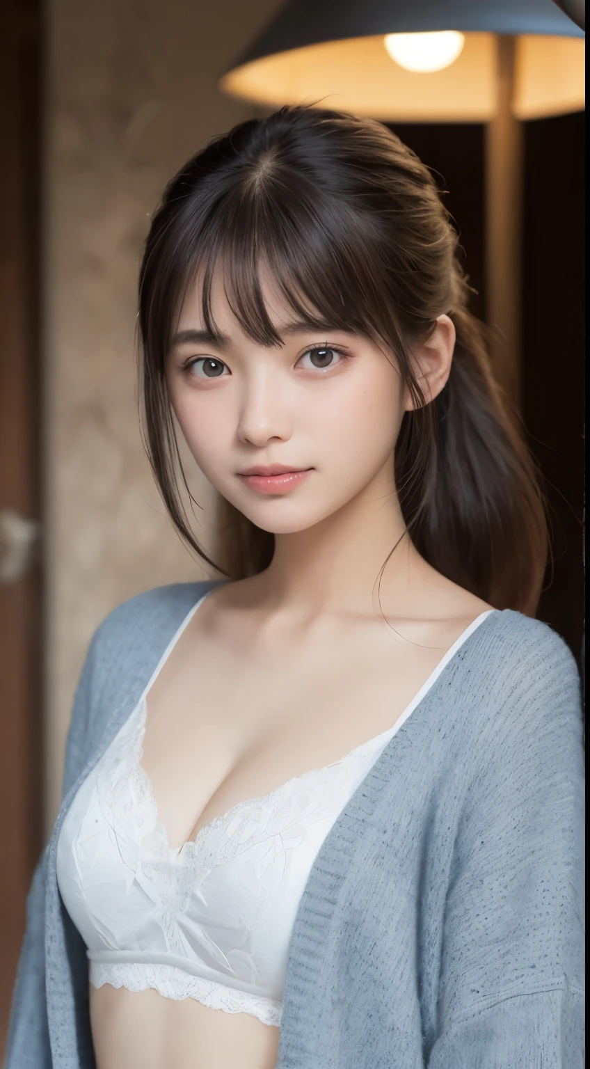 Smile、street、original photography、(((ultimate beauty portrait)))、((sparkling skin))、1 girl、Beautiful girl from Prague、bright expression、((brown hair))、(cleavage)、((Big eyes sparkling like gems))、cardigan、open your clothes、Shark pants、Glowing and radiant skin、(medium hair)、(silk ponytail)、(standing)、(from below)、(from below看内衣的特写)、Eyeliner、beautiful bangs、hair between eyes、((Masterpiece、top quality、Super detailed、lamp、intricate details、high resolution、Very detailed))、background for this、8 kood、digital SLR、soft light、high quality、film grain、富士XT3 、shallow view deep、natural soft light、Kamimei、plump bust