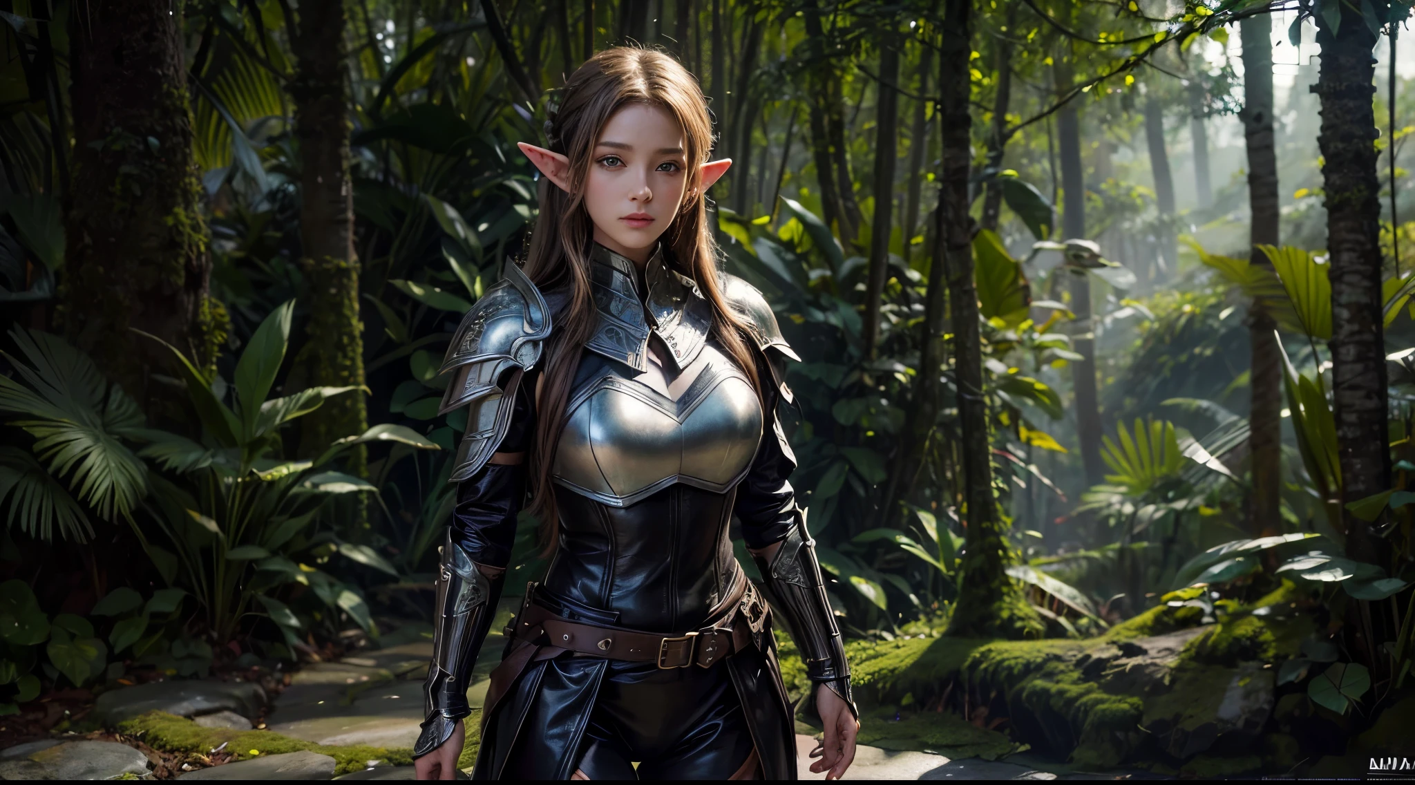 original photo, (best quality:1.3), high resolution, (masterpiece), (lifelike:1.4), Professional photography, sharp focus, high dynamic range, 8K resolution, intricate details, Exquisite details, depth of field, Extremely detailed CG unified 8k wallpaper, masterpiece,poster,best quality,official art,(Beauty and aesthetics:1.2),(masterpiece:1.3),female elf,Lightweight leather armor,Complex patterns,rainforest at dusk,medium distance photography,(midnight),dramatic