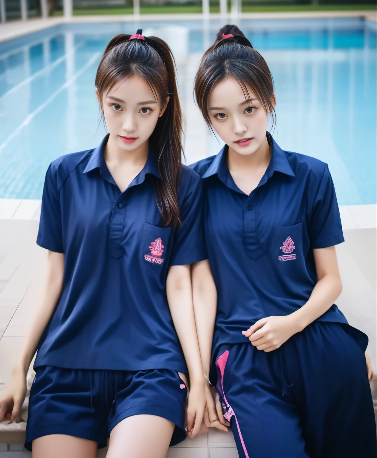 2 girls in the swimming pool, Navy blue short-sleeved shirt,Navy Long Trackpant,Sweatpants, Sweatpantsขายาว,25 year old girl, lesbian, sexy, exercise clothes, wet body