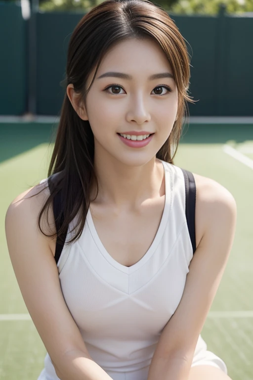 ((???? knee bent, sitting Pose on tennis coart:1.2)), (Beautiful Photorealistic women:1.15), (Facing viewer:1.1), (she is a Photorealistic beautiful tennis player:1.15), (Perfectly healthy and muscular body, medium ????:1.2), ((She's wearing tennis wear in tennis coart:1.3)), white wear, (small size:1.1), (8k wallpaper:1.1), Best Quality, Ultra-detailed, finely detail, hight resolution, Perfect dynamic composition, Beautiful detailed eyes, mid-?????, Natural Color Lip, Random and ???? poses, Smile, 28 years beautiful women, tennis coart, Ultra-realistic capture, Highly detailed, High resolution 16k close-up of human skin. Skin texture must be natural, With such detail that pores can be finely identified. Skin should look healthy, In a uniform tone. Use natural light and color、a Japanese actress in her 28s with a bewitchingly beautiful appearance、