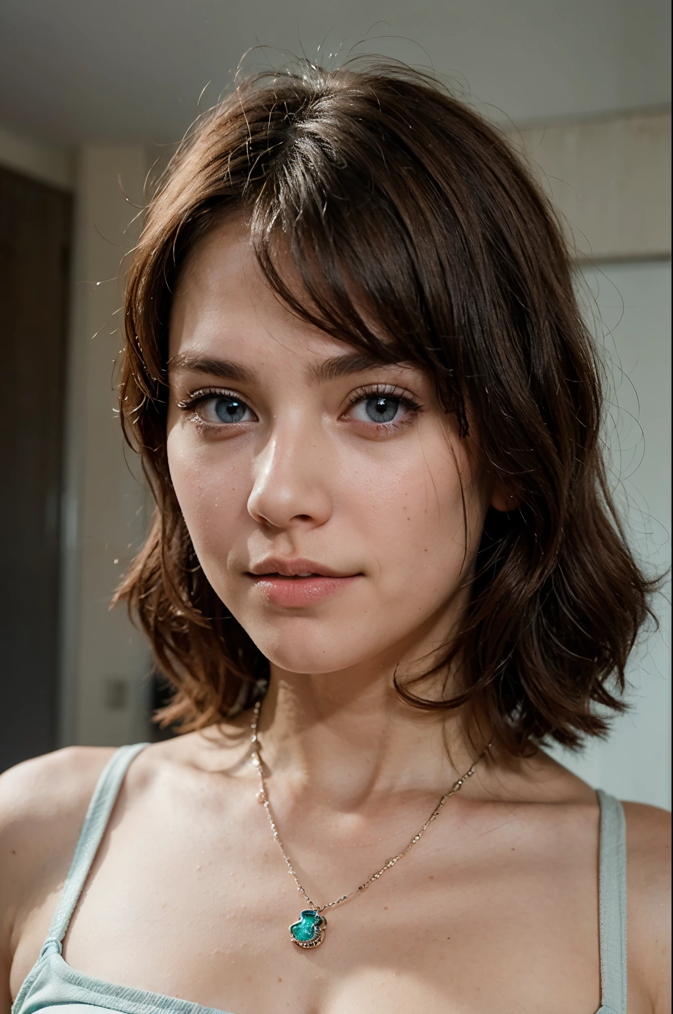 (Please generate an image of a young woman wearing a shirt and necklace. She has brown hair, big, blue eyes, and a subtle, natural makeup. The photo should show her without visible makeup, She should look directly into the camera. The face should look real and natural. Full body shots of this attractive woman should feature eye-catching poses, 她有一双锐利的blue eyes. The girl's temperament is very sweet, And the posture should be very sweet too. Please confirm the woman'The entire body is visible in the image. The background must be clear、tidy. The details of the image should be of high quality(best quality)), ((masterpiece)), (detailed), is a perfect face