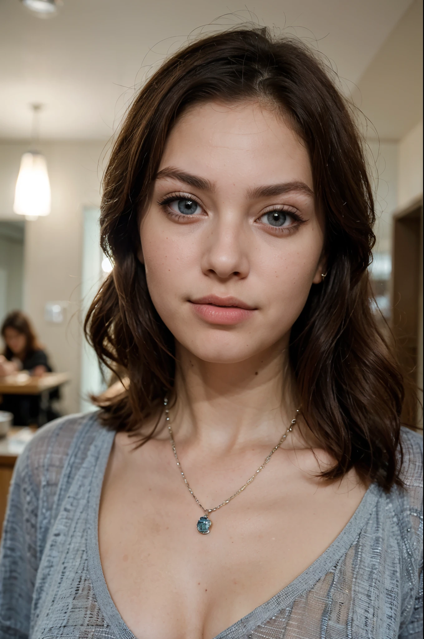 (Please generate an image of a young woman wearing a shirt and necklace. She has brown hair, big, blue eyes, and a subtle, natural makeup. The photo should show her without visible makeup, She should look directly into the camera. The face should look real and natural. Full body shots of this attractive woman should feature eye-catching poses, 她有一双锐利的blue eyes. The girl's temperament is very sweet, And the posture should be very sweet too. Please confirm the woman'The entire body is visible in the image. The background must be clear、tidy. The details of the image should be of high quality(best quality)), ((masterpiece)), (detailed), is a perfect face
