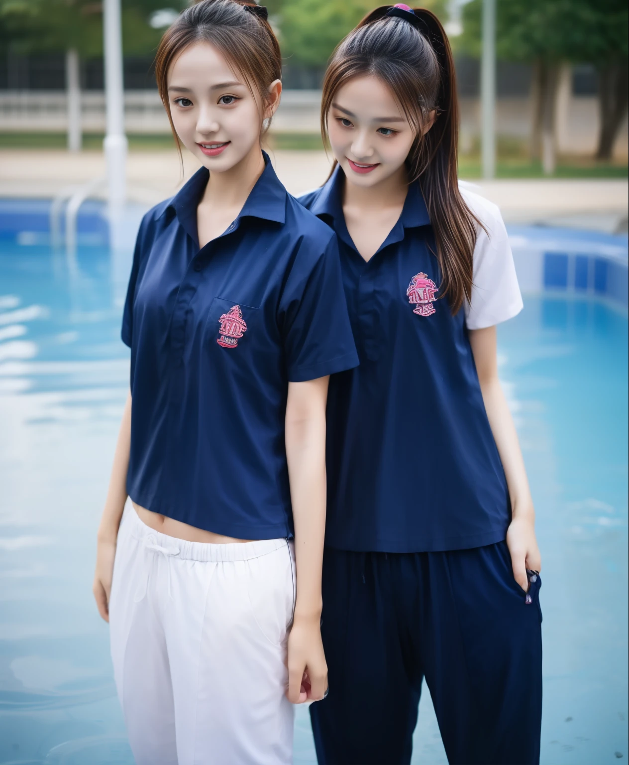 2 girls in the swimming pool, Navy blue short-sleeved shirt,Navy Long Trackpant,Sweatpants, Sweatpantsขายาว,25 year old girl, lesbian, sexy, exercise clothes, wet body