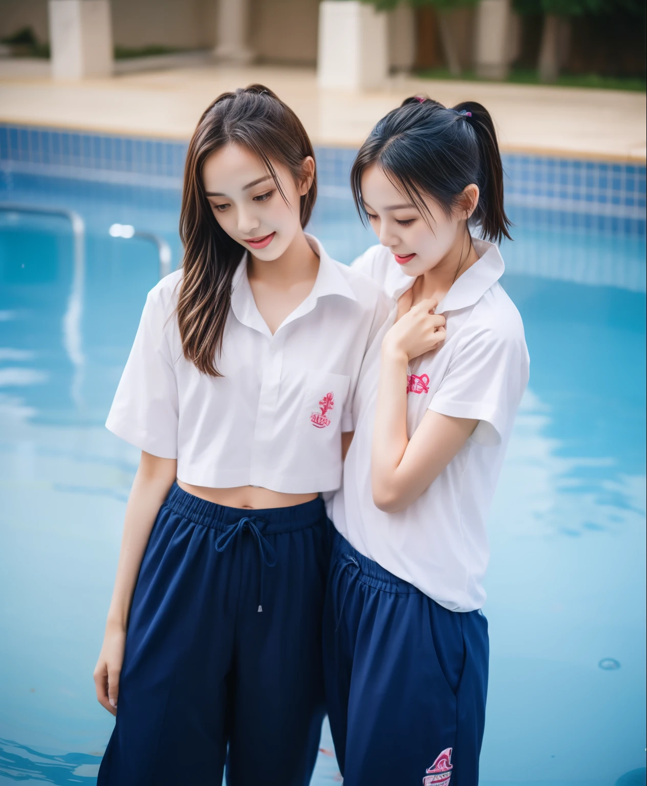2 girls in the swimming pool, Navy blue short-sleeved shirt,Navy Long Trackpant,Sweatpants, Sweatpantsขายาว,25 year old girl, lesbian, sexy, exercise clothes, wet body