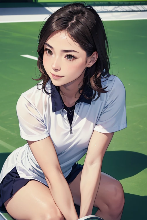 ((Sexy knee bent, sitting Pose on tennis coart:1.2)), (Beautiful Photorealistic women:1.15), (Facing viewer:1.1), (she is a Photorealistic beautiful tennis player:1.15), (Perfectly healthy and muscular body, medium tits:1.2), ((She's wearing tennis wear in tennis coart:1.3)), white wear, (small size:1.1), (8k wallpaper:1.1), Best Quality, Ultra-detailed, finely detail, hight resolution, Perfect dynamic composition, Beautiful detailed eyes, mid-chest, Natural Color Lip, Random and sexy poses, Smile, 28 years beautiful women, tennis coart, Ultra-realistic capture, Highly detailed, High resolution 16k close-up of human skin. Skin texture must be natural, With such detail that pores can be finely identified. Skin should look healthy, In a uniform tone. Use natural light and color、a Japanese actress in her 28s with a bewitchingly beautiful appearance、