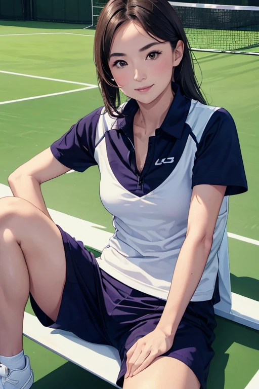 ((Sexy knee bent, sitting Pose on tennis coart:1.2)), (Beautiful Photorealistic women:1.15), (Facing viewer:1.1), (she is a Photorealistic beautiful tennis player:1.15), (Perfectly healthy and muscular body, medium tits:1.2), ((She's wearing tennis wear in tennis coart:1.3)), white wear, (small size:1.1), (8k wallpaper:1.1), Best Quality, Ultra-detailed, finely detail, hight resolution, Perfect dynamic composition, Beautiful detailed eyes, mid-chest, Natural Color Lip, Random and sexy poses, Smile, 28 years beautiful women, tennis coart, Ultra-realistic capture, Highly detailed, High resolution 16k close-up of human skin. Skin texture must be natural, With such detail that pores can be finely identified. Skin should look healthy, In a uniform tone. Use natural light and color、a Japanese actress in her 28s with a bewitchingly beautiful appearance、