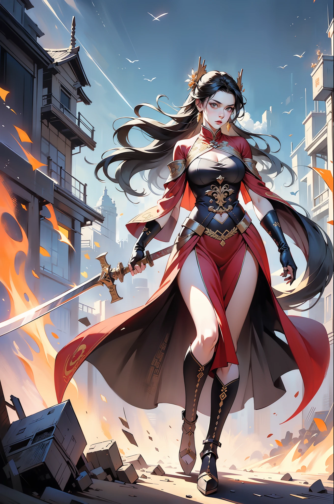 Chinese style, ancient battlefield, an ancient Chinese female general, holding a sword in her hand, grim expression, full body, amazing facial features, red robe, armor, boots, yellow sand in the sky, fleeing crowd, firelight, game model, stunning lighting, C4D, OC rendering, cinematic edge light, delicate light, masterpiece, super detailed, epic composition, super HD, high quality, highest quality, 32k