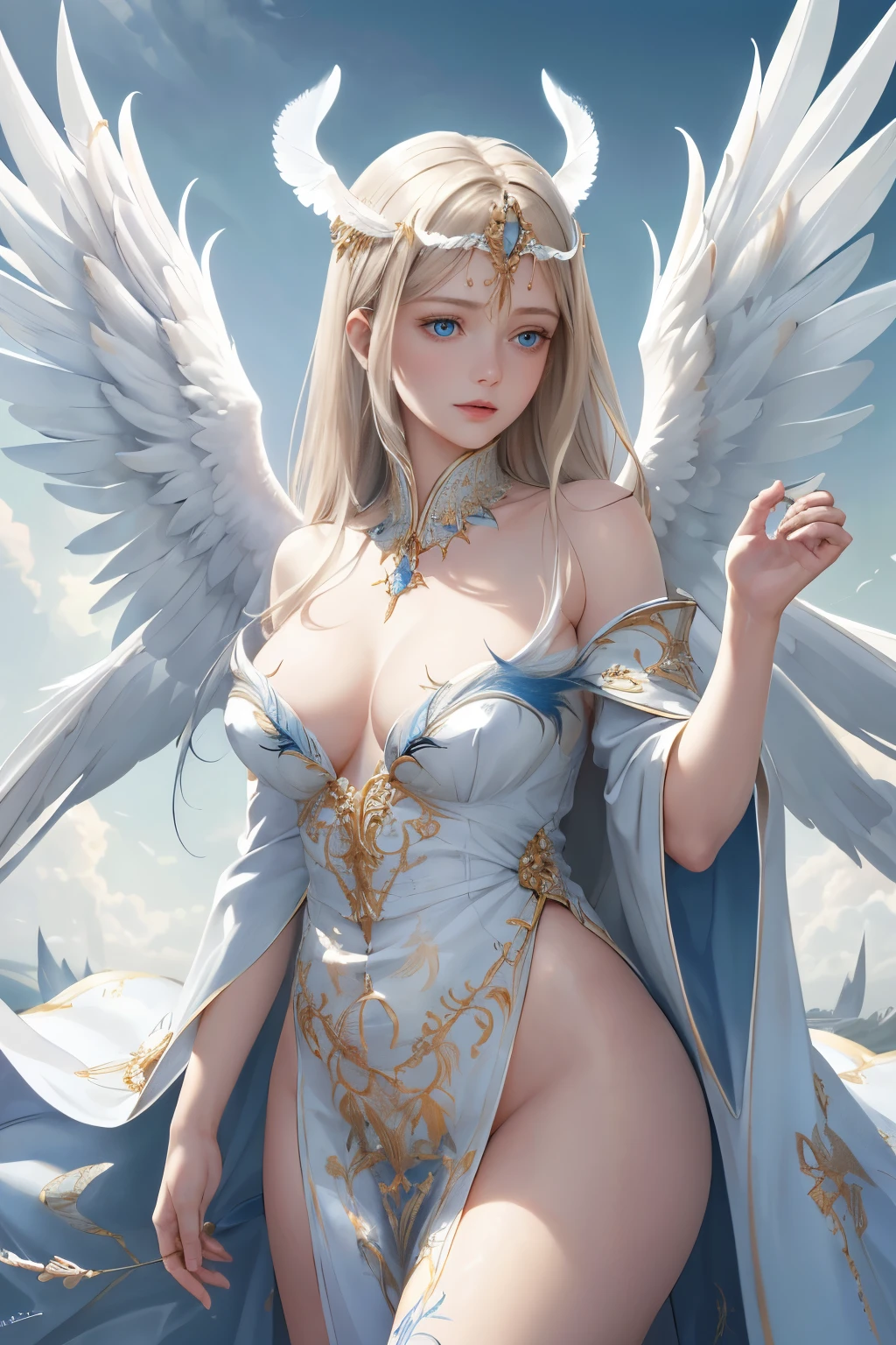 Angel in the sky with wings spread wide, flies gracefully, radiant aura shines in hyperrealism, (photo realistic: 1.2), (extremely detailed and intricately painted feathers), smart look in her bright, piercing blue eyes, high detail captures every vein and texture in her wings, sharp focus brings out the texture of her halo and the delicate folds of her robe.