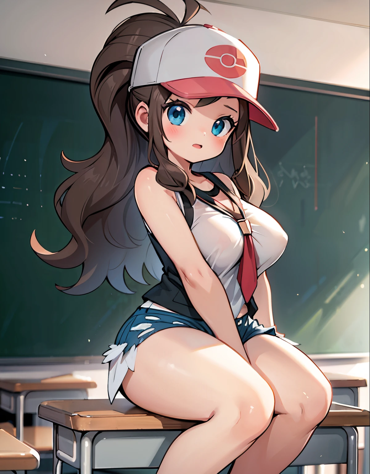 (best quality, highres, masterpiece:1.2), ultra-detailed, realistic:1.37, sketches, hilda pokemon, def1, age girl, sitting on her knees, curvy, visible thighs, chubby thighs, thighs in the foreground, body shape, classroom, curious look, pokeballs