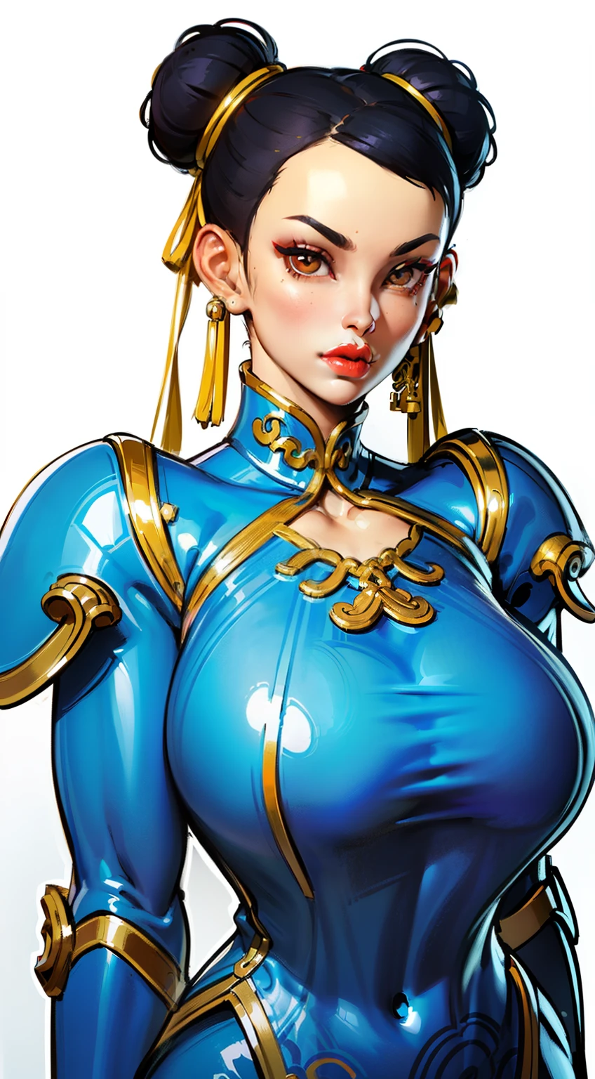 ((masterpiece)),(((best quality))),((character design sheet)),  ((chun_li)), ((full body view))  mature face, (twun hair buns),((middle eastern eyes:1.4)),  (((intricate futuristic breastplate))), defined cheekbones, high cheekbones, illustration, muscular, sexy bimbo, (gigantic breasts:1.7) black hair, ((detailed face:1.4)) beautiful woman, (Chinese:1.4) (white skin:1.4) , (red lipstick:1.4), shiny skin, scribbles and marks,(puffy lips:1.4) , rough sketches, pose, 8k,16k, (simple background, white background: 1.3) ((cool color palette)), ((cyberpunk aesthetic))