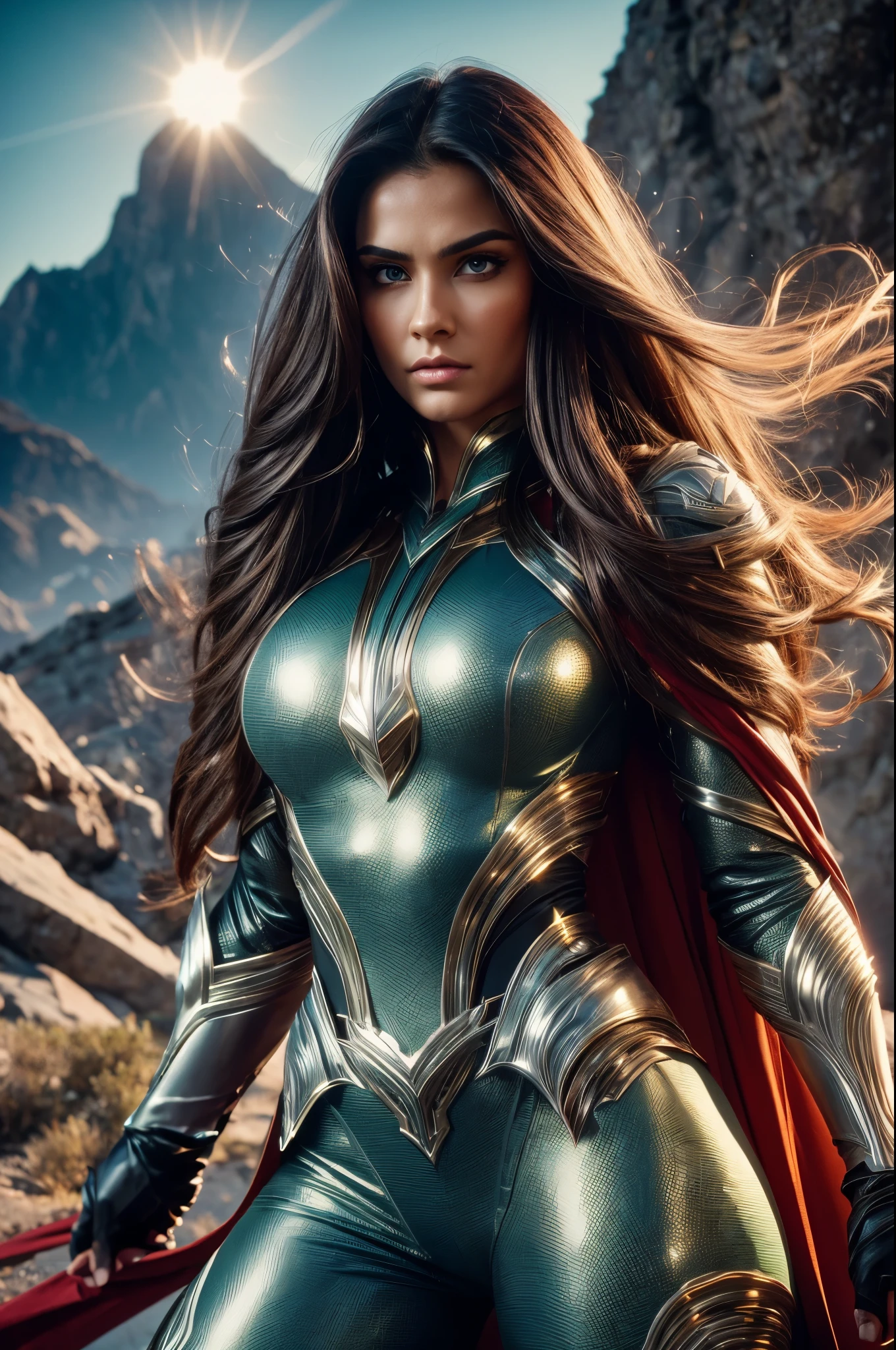 MITHOLOGICAL POWERFUL WOMAN, HUGE LONG BROWN HAIR, TUNNING SKIN, LIGHT GREEN EYES, HIGH CHEEKBONES, SLIM NOSE, GORGEOUS MOUTH, ANGRY FACE EXPRESSION, LOOKING AT CAMETA, LONG GREEN TIGHT BODYSUIT, SILVER DETAILS, HUGE LONG SILVER CAPE, HUGE GOLD GAUNTLETS, ATHLETIC BODY, MUSCLES, STRONG THIGS, THICK THIGHS, FULL BODY PERSPECTIVE, TOP OF A HIGH ROCKY MOUNTAIN, SUNSET, BLUE SKY, MASTERPIECE, ACCURATE IMAGE.