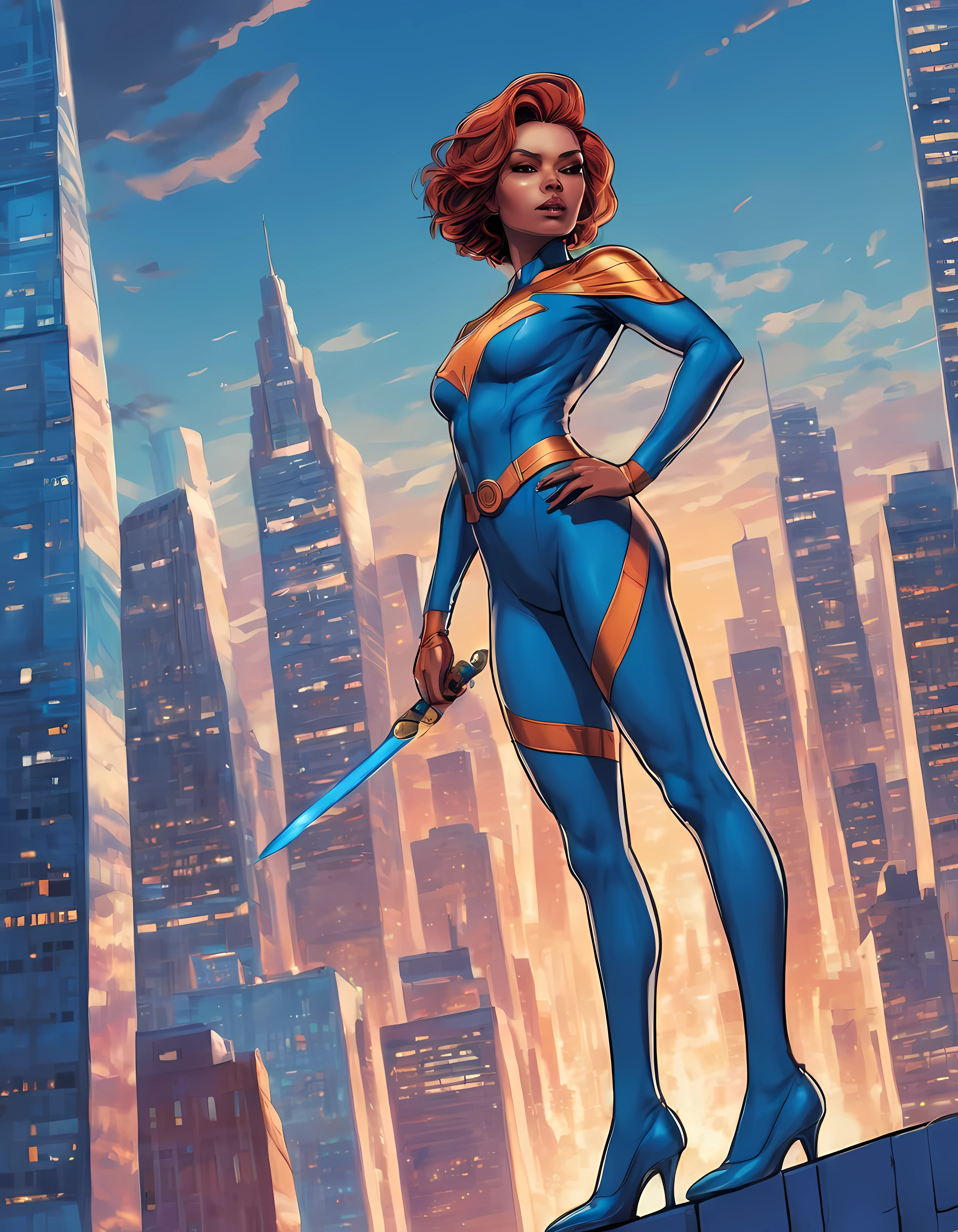 Artistic Style: Comic book style, with bold outlines and vibrant colors.
Subject: A powerful superhero woman in a skin-tight blue suit, standing on top of a skyscraper and staring down at the city below.
Detailed Imagery: The woman has short, spiky hair that stands up in all directions. Her skin is smooth and flawless, with just a hint of sweat glistening on her forehead. She stands confidently, with one hand resting on her hip and the other holding a futuristic energy sword.
Environment Description: The scene takes place in a bustling metropolis, with towering skyscrapers and busy streets all around. The sky is bright blue and cloudless, casting a warm glow over everything.
Mood/Atmosphere: The mood is intense and thrilling, with a sense of danger and excitement lurking just beneath the surface.
Style Execution: Use bold outlines and vibrant colors to create a dynamic and eye-catching visual effect. (detailed, high saturation)