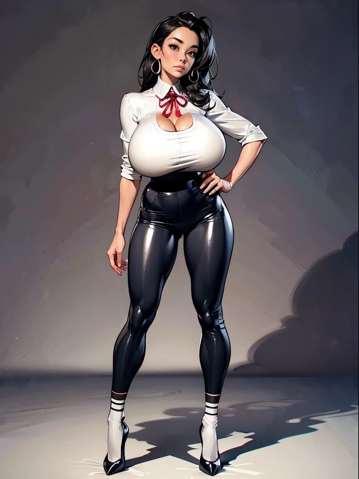 Lonely adult girl, Tall stature, large chest, closed mouth, asian face: brown eyes; black hair; sharp facial features; dimple on the chin; asian; ; pronounced high cheekbones; high forehead, stands upright, (gigantic breasts:1.4), detailed face, : large ribbon; pants, Full-length painting, white crew socks, black heels, big eyes, Thepit style