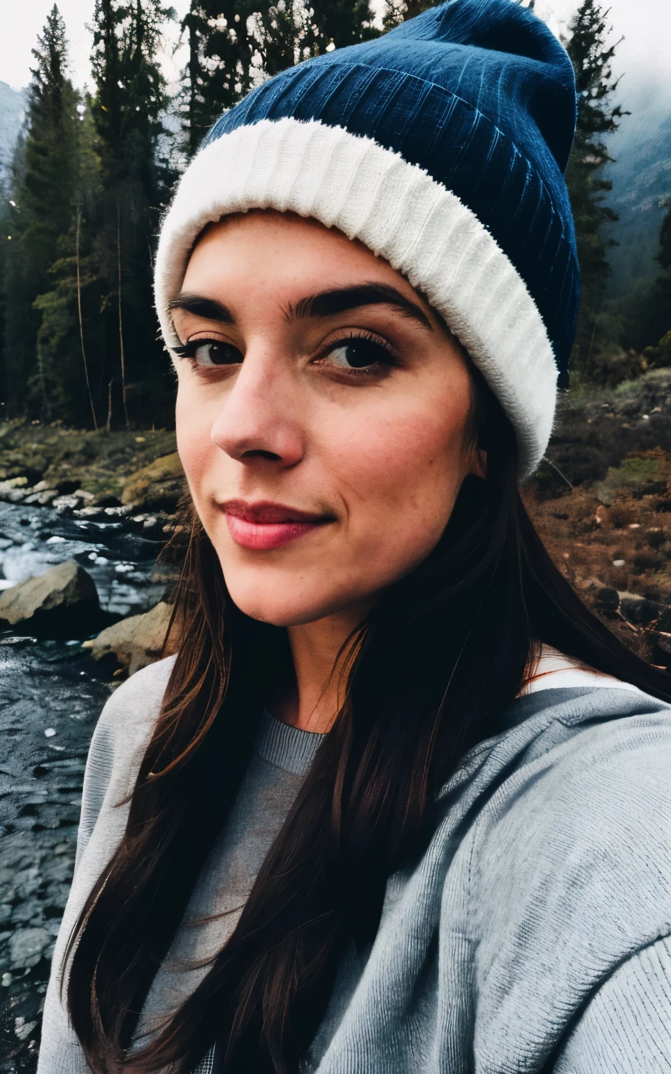 photograph, photo of beautiful woman, selfie, upper body, solo, wearing pullover, outdoors, (night), mountains, real life nature, stars, moon, cheerful, happy, gloves, sweater, beanie, forest, rocks, river, wood, smoke, fog, looking at viewer, skin texture, photo grain, close up, RAW photo