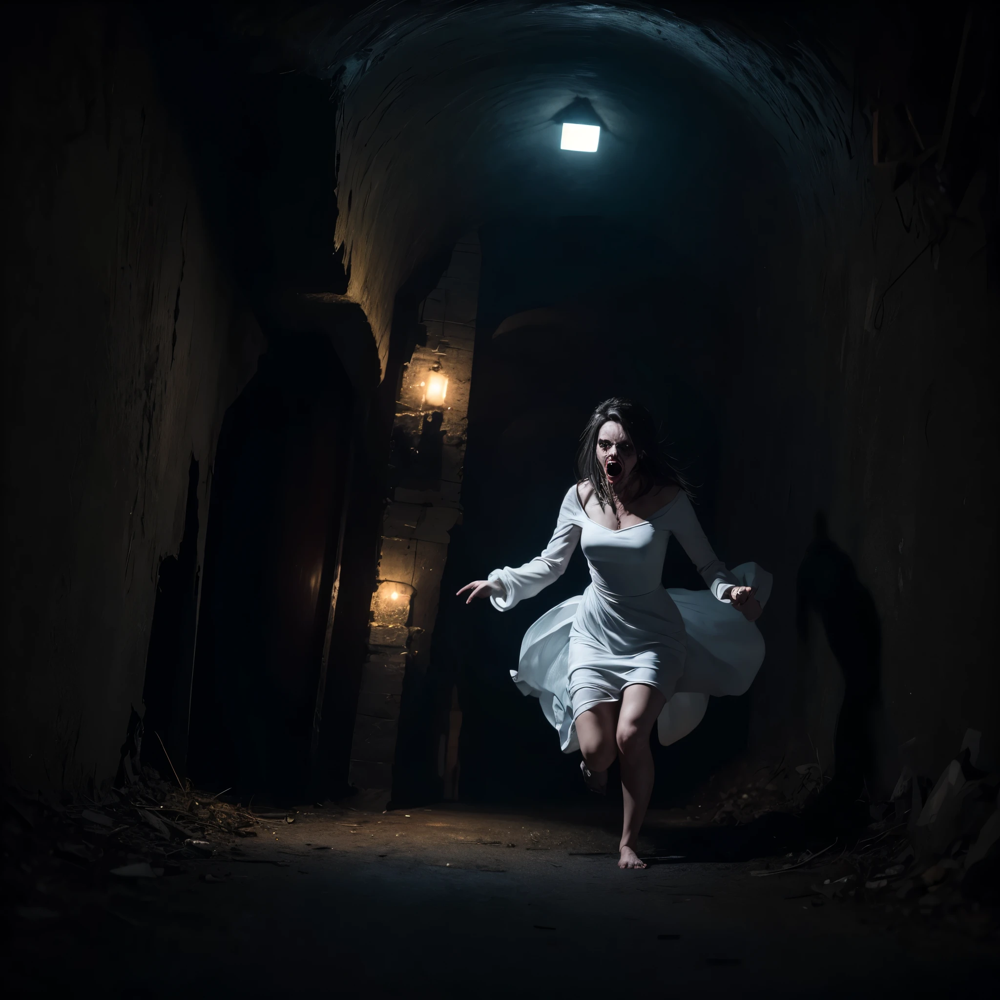 horror art, dread, Best quality, masterpiece, ultra high res, (photorealistic:1.4), Action shot of terrifying ghost chasing after the viewer, dynamic running, in a decrepit underground tunnel in Hell, creepy, white dress, unnerving, unsettling, terrifying, 80mm, horror lighting, dynamic action
