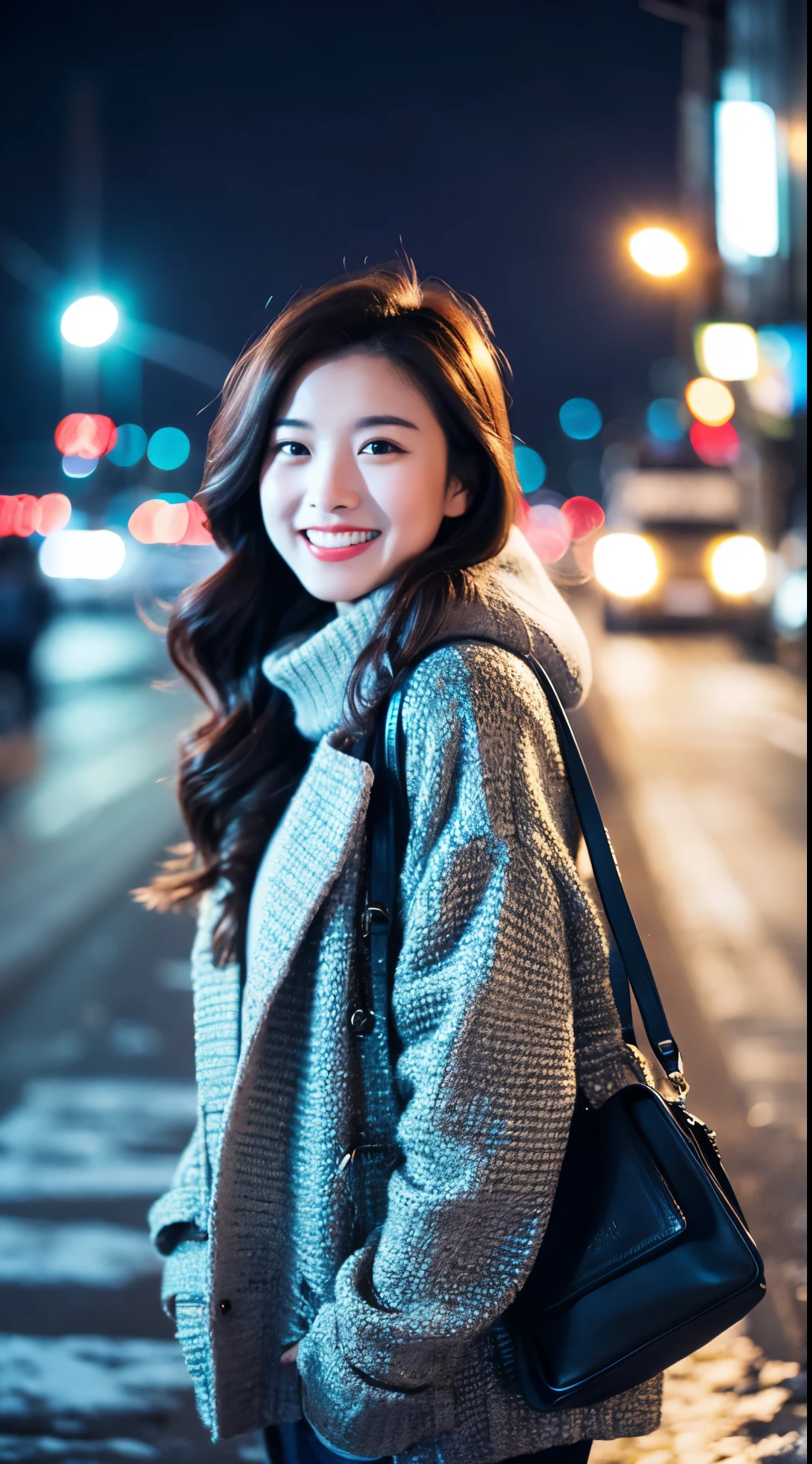 quality、image quality、4K分辨率、Beautiful woman with perfect style、Exclusive jacket、Light sweater、Snowy Night City、light laughter