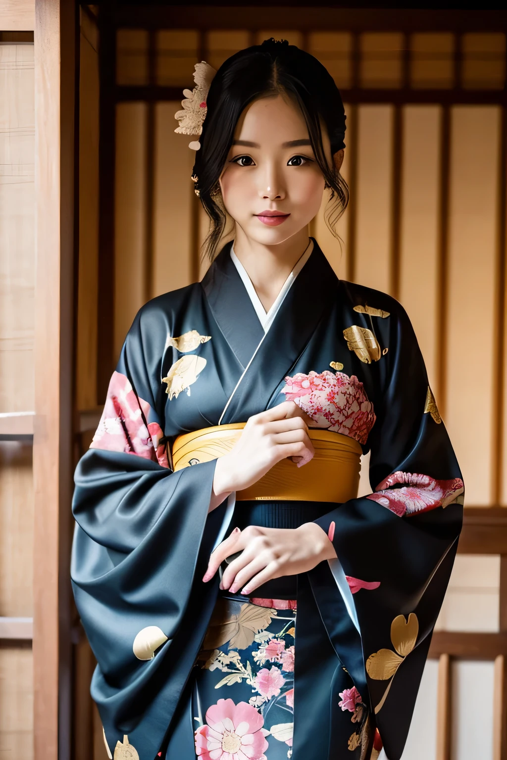 highest quality, Exotic woman in kimono, Fancy face, At Kiyomizu-dera Temple, Early 30s, slender body, Kimono must fit snugly, Kimono is often black or dark colored., The kimono has a shiny pattern, elegant