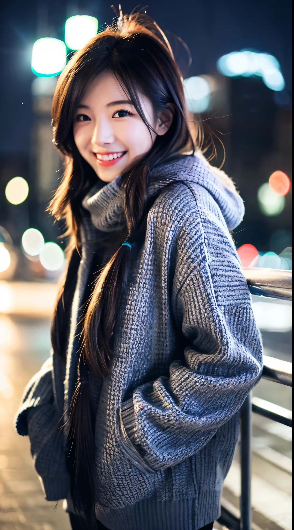 quality、image quality、4K分辨率、Beautiful woman with perfect style、Exclusive jacket、Light sweater、Snowy Night City、light laughter