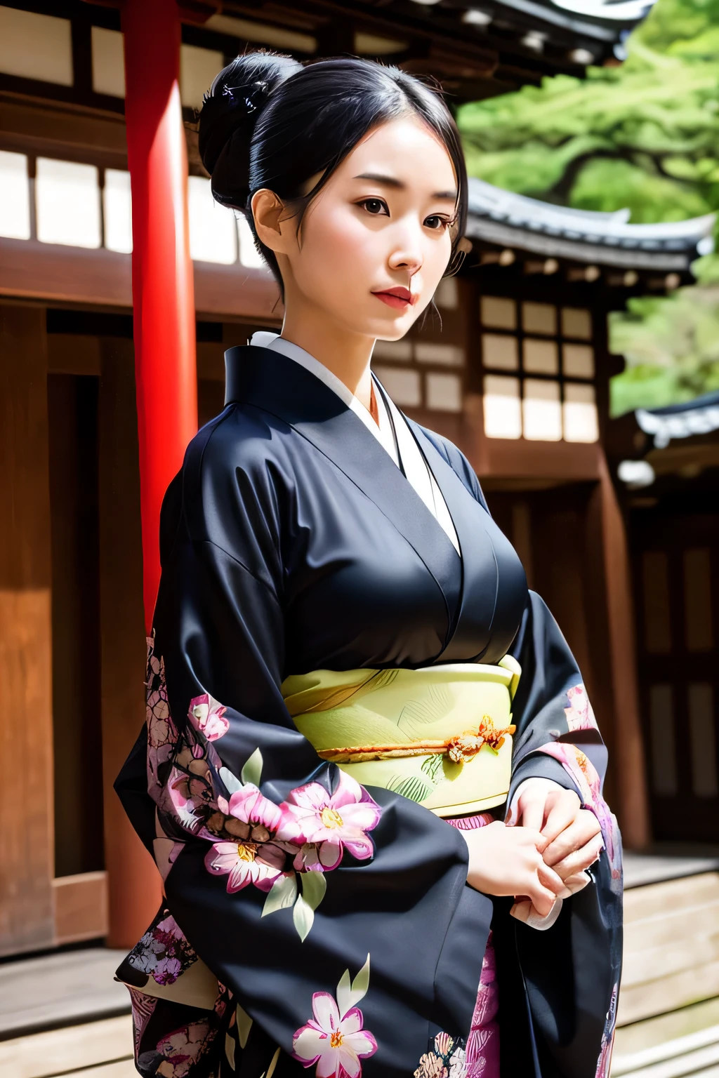 highest quality, Exotic woman in kimono, Fancy face, At Kiyomizu-dera Temple, Early 30s, slender body, Kimono must fit snugly, Kimono is often black or dark colored., The kimono has a shiny pattern, elegant