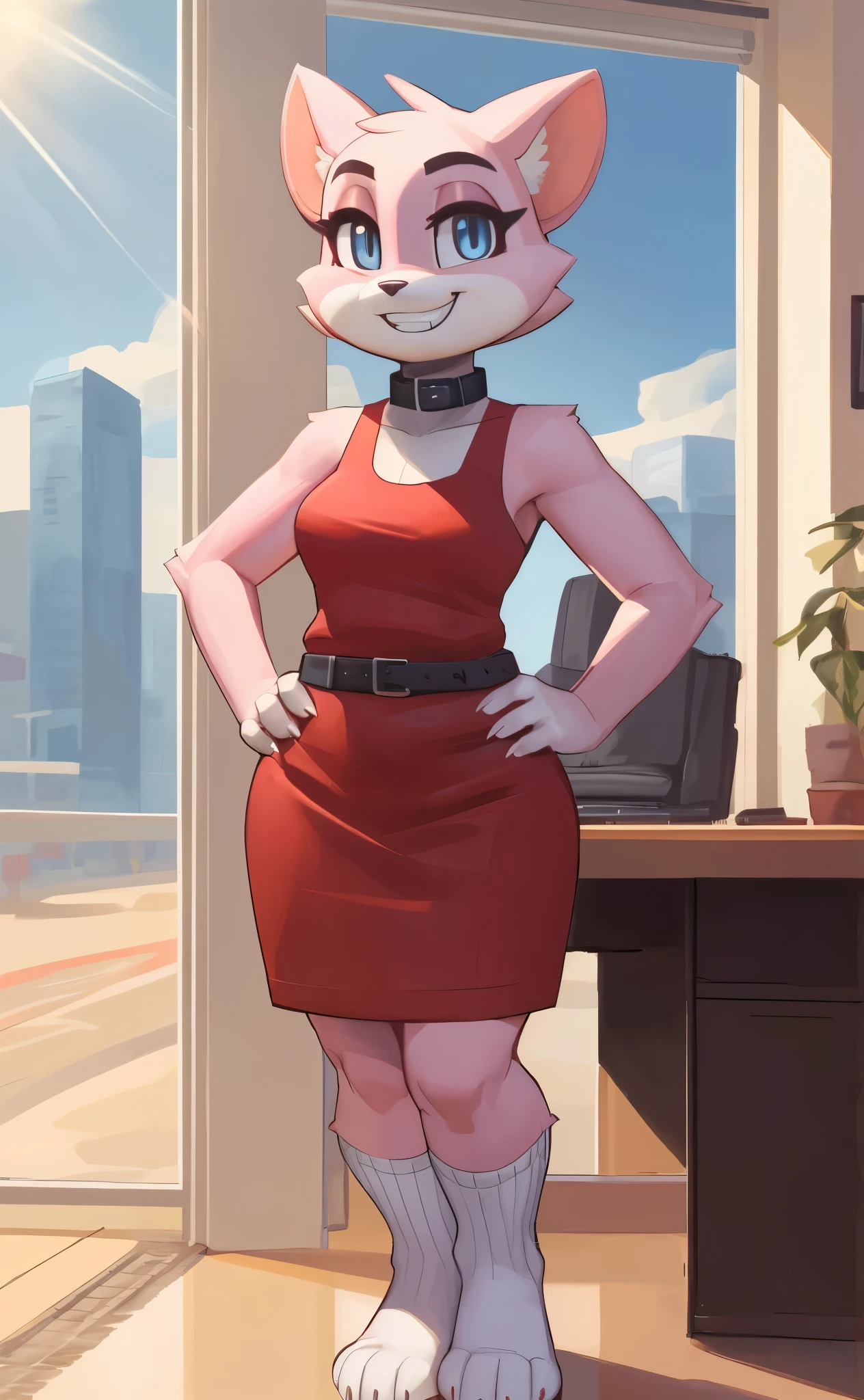 [Shima Luan], [planet dolan], [Uploaded to e621.net; (wamudraws), (Pixelsketcher)], [Uploaded to twitter.com: (@senip)], ((masterpiece)), ((HD)), ((high res)), ((solo portrait)), ((full body)), ((front view)), ((feet visible)), ((furry; anthro)), ((detailed fur)), ((detailed shading)), ((beautiful render art)), {female anthro cat; (pink fur), (white hands), (cute light-blue eyes), (long eyelashes), (white eyebrows), (sharp white claws), (curvy hips), (beautiful legs), (cute grin)}, {(red sleeveless dress), (short red pencil skirt), (waist belt), (black collar), (white socks)}, {(standing), (pigeon-toed), (looking at viewer)}, [background; (office), (desk), (computer), (window), (blue sky), (sun rays), (ambient lighting)]

