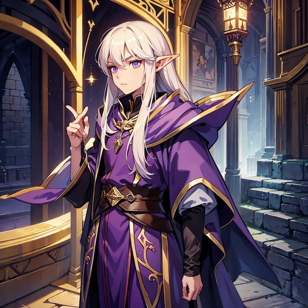tall, high elf, purple eyes, 1boy, wizard clothes,