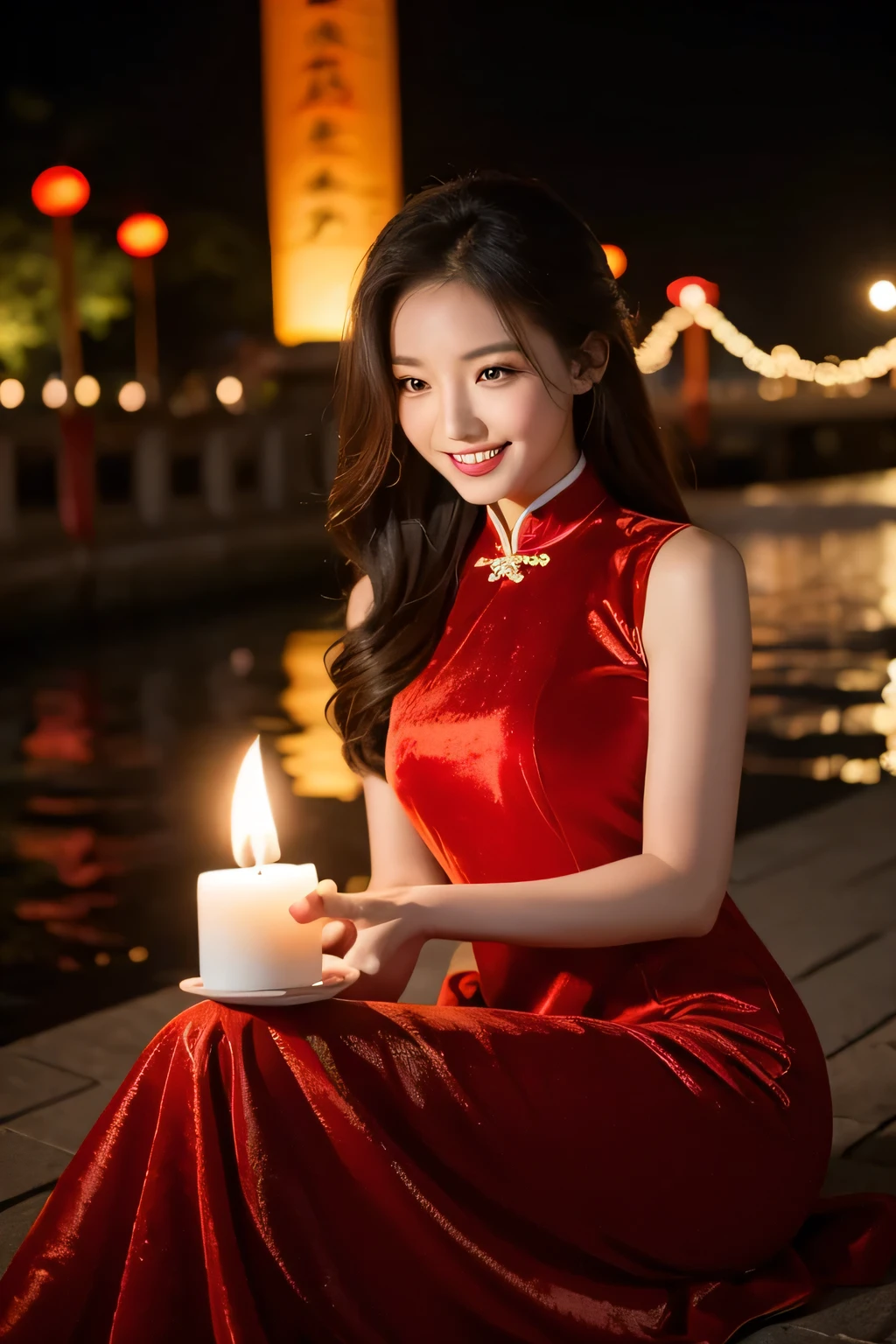 During the Lantern Festival，一个beauty的中国女人留着长发，There are red bows on the hair，Wearing a red chest-length dress，beauty，soft candlelight，knees up，velvet，Relax，SLR camera，street，long shot（LS），best quality，9 pictures，9 different emojis are，laughing out loud，Smile，coquetry，hope，confuse，Curious，apologize，bitter smile，forehead。