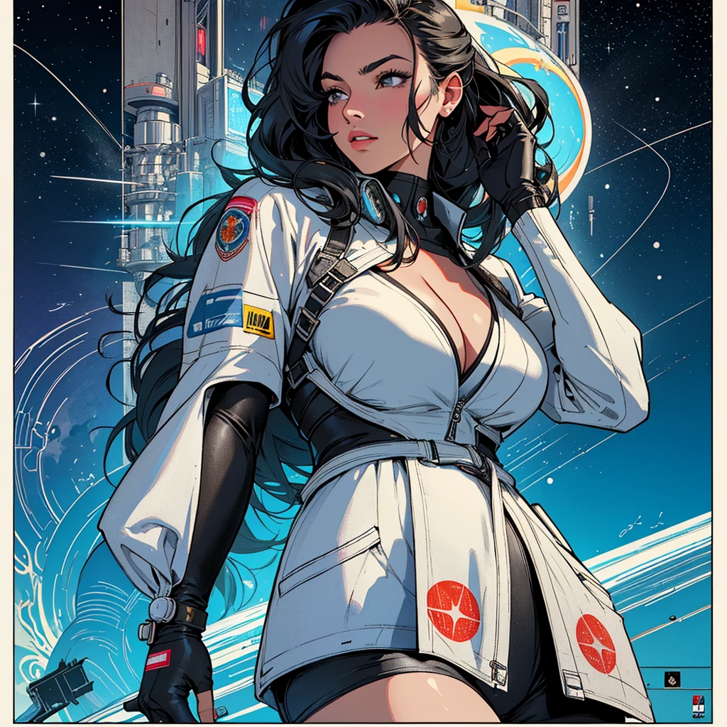 (((highest quality))),masterpiece,1 woman,((the perfect person)),((Super beautiful woman)),detailed perfect face,retro,vintage,classic,60's,70's,80's,old movie posters,abstract,((スペーススリラーmovie poster)),(Futuristic),Geometric pattern,very delicate,movie poster_white frame,universe,Milky Way,planet,,propaganda,universe飛行士,breast enhancement,simple,(big breasts),(cleavage),cyber punk,