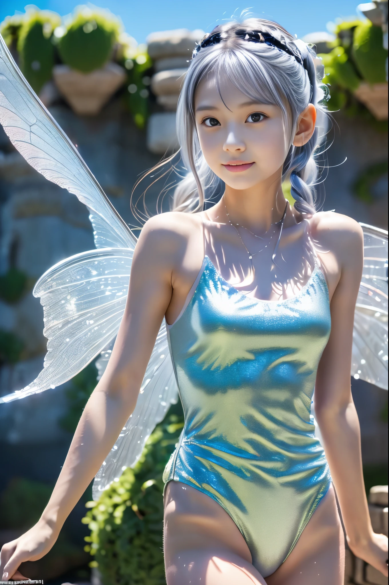 (8K、Live shooting、realistic:1.25)、1 girl、Tinkerbell looks like a 22 year old girl with a beautiful face、on top of an old castle、The moon is out、(silver hair、dance in the air:1.2)、fairy wings are transparent、whole body、luminous bikini swimsuit、Shorts swimsuit、lip gloss、Glossy skin、highest quality、ultra high resolution、