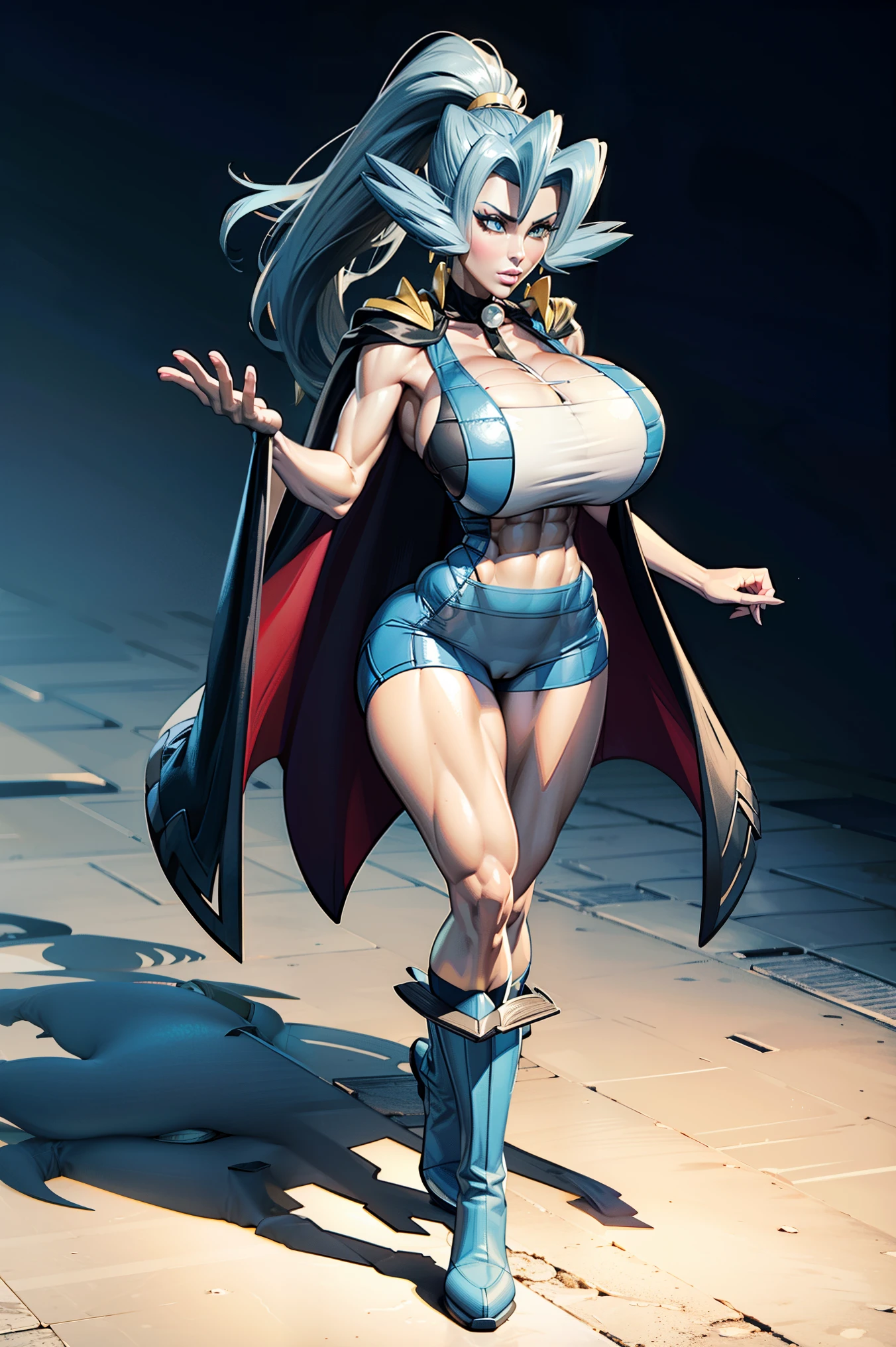 (3d render), Generate an illustration of a mature Clair, gym leader of pokemon,  ponytail, holding a poke all,  de terno preto, long hair, hair flows straight down, darkblue hair, (gigantic breasts:1.4), blue outfit in anime format with a serious style, (black cape), blue tights, blue boots, gothic make up, masterpiece, ((dark lighting)), black background, puffy lips,slendered abs, beautiful face,