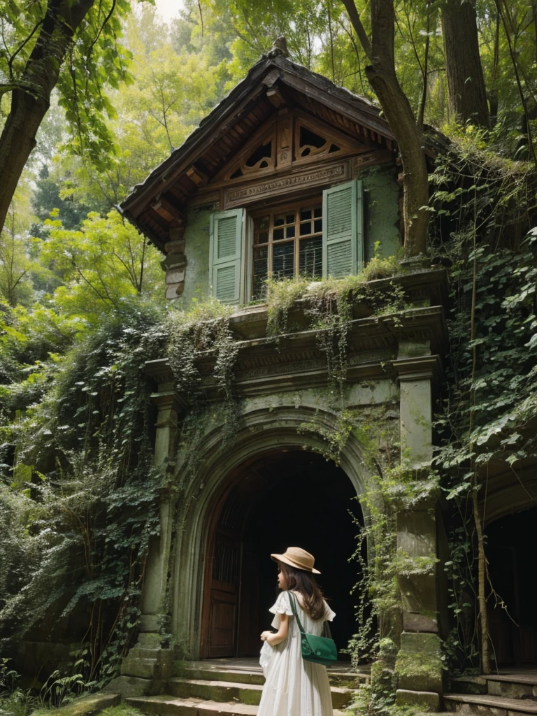 A girl in a green forest with baground of cute palace with trees