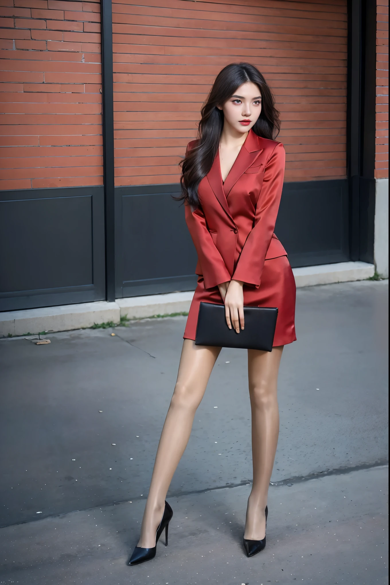 best quality, full body portrait, delicate face, pretty face, -yeld wo, slim figure, big bust, ，Stiletto high heels，wavy long hair，on the street，big eyes，red lips，Heavy makeup，Ultra-thin flesh-colored pantyhose