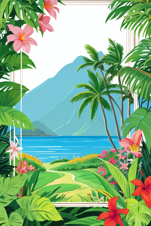Hawaiian landscape, illustration, with many tropical flowers as a frame, outline only 