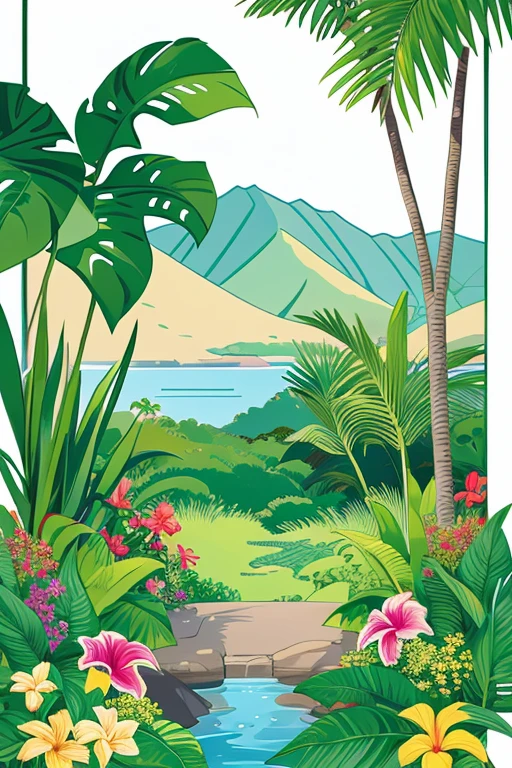 Hawaiian landscape, illustration, with many tropical flowers as a frame, outline only 