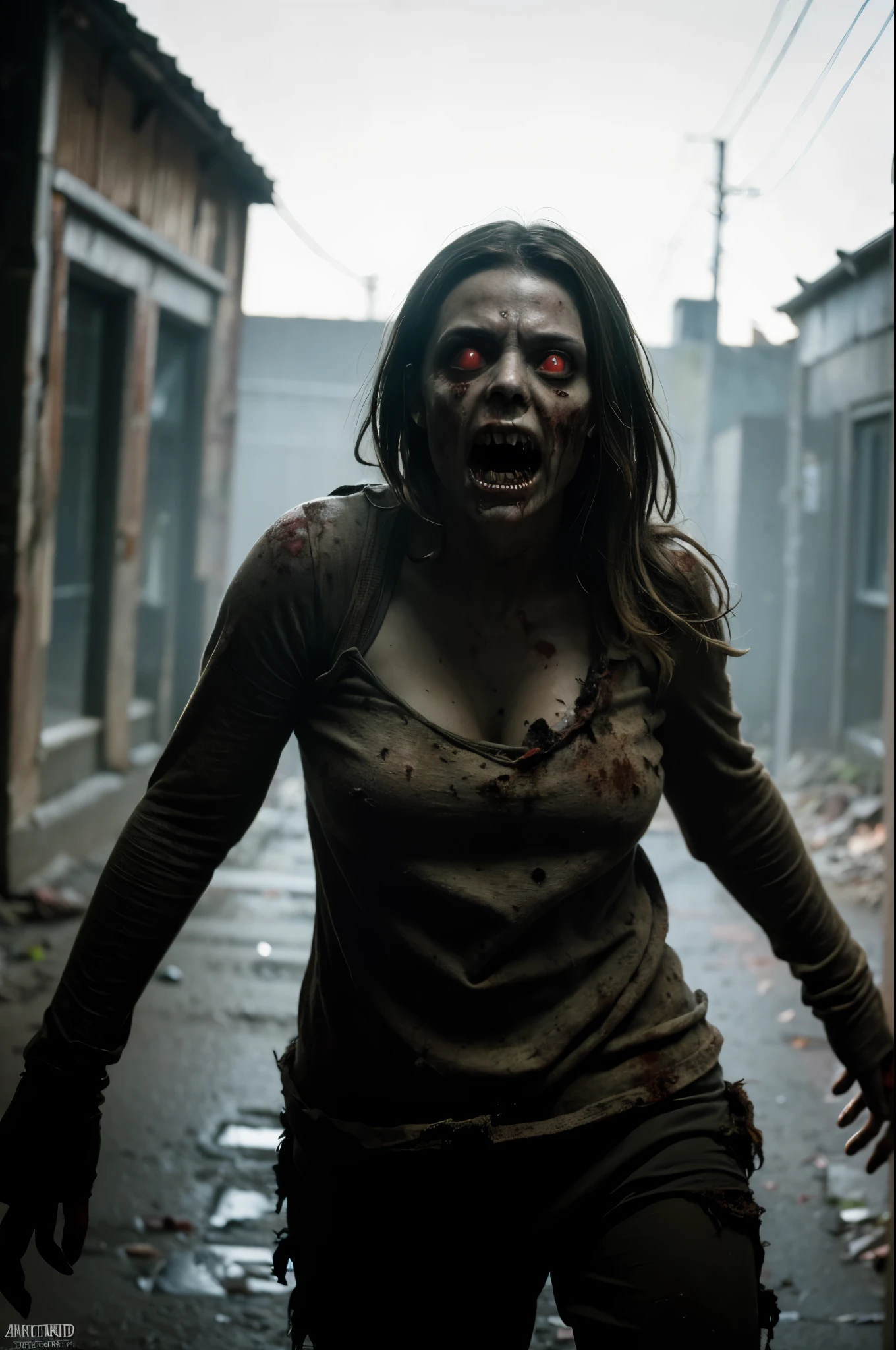 scary,zombie girl,walking dead,(best quality,4k,8k,highres,masterpiece:1.2),ultra-detailed,(realistic,photorealistic,photo-realistic:1.37),dark atmosphere,mysterious lighting,horror genre,creepy,decayed flesh,blood splatters,rotting clothes,sharp teeth,empty eyes,horror movie scene,abandoned street,post-apocalyptic setting,horde of zombies,horror makeup,haunting expression,undead creatures,eerie shadows,ominous atmosphere,disturbing,terrifying,nightmare-inducing,macabre artwork,dark and twisted,horror masterpiece,sinister,ghoulish,evil presence,creepy scenery,horror-themed art,frantic screams,spooky ambiance.