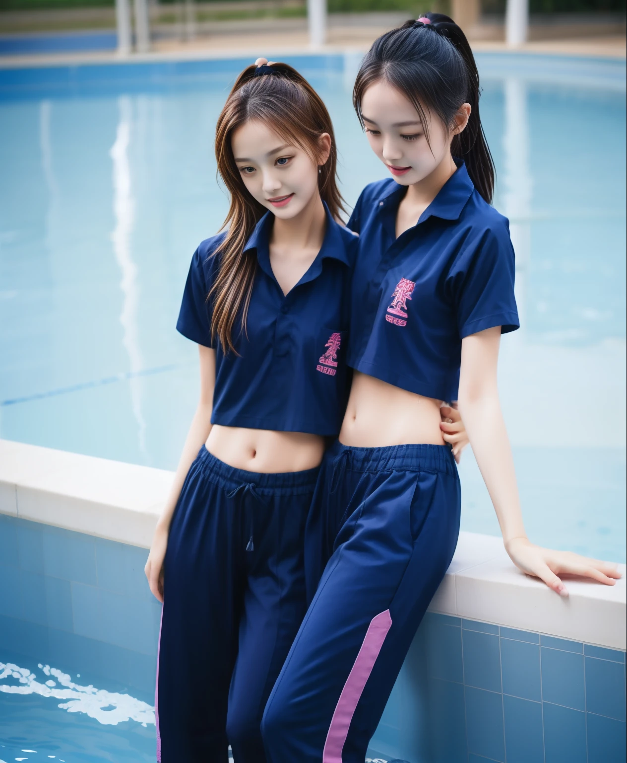 2 girls in the swimming pool, Navy blue short-sleeved shirt,Navy Long Trackpant,Sweatpants, Sweatpantsขายาว,25 year old girl, lesbian, sexy, exercise clothes, wet body