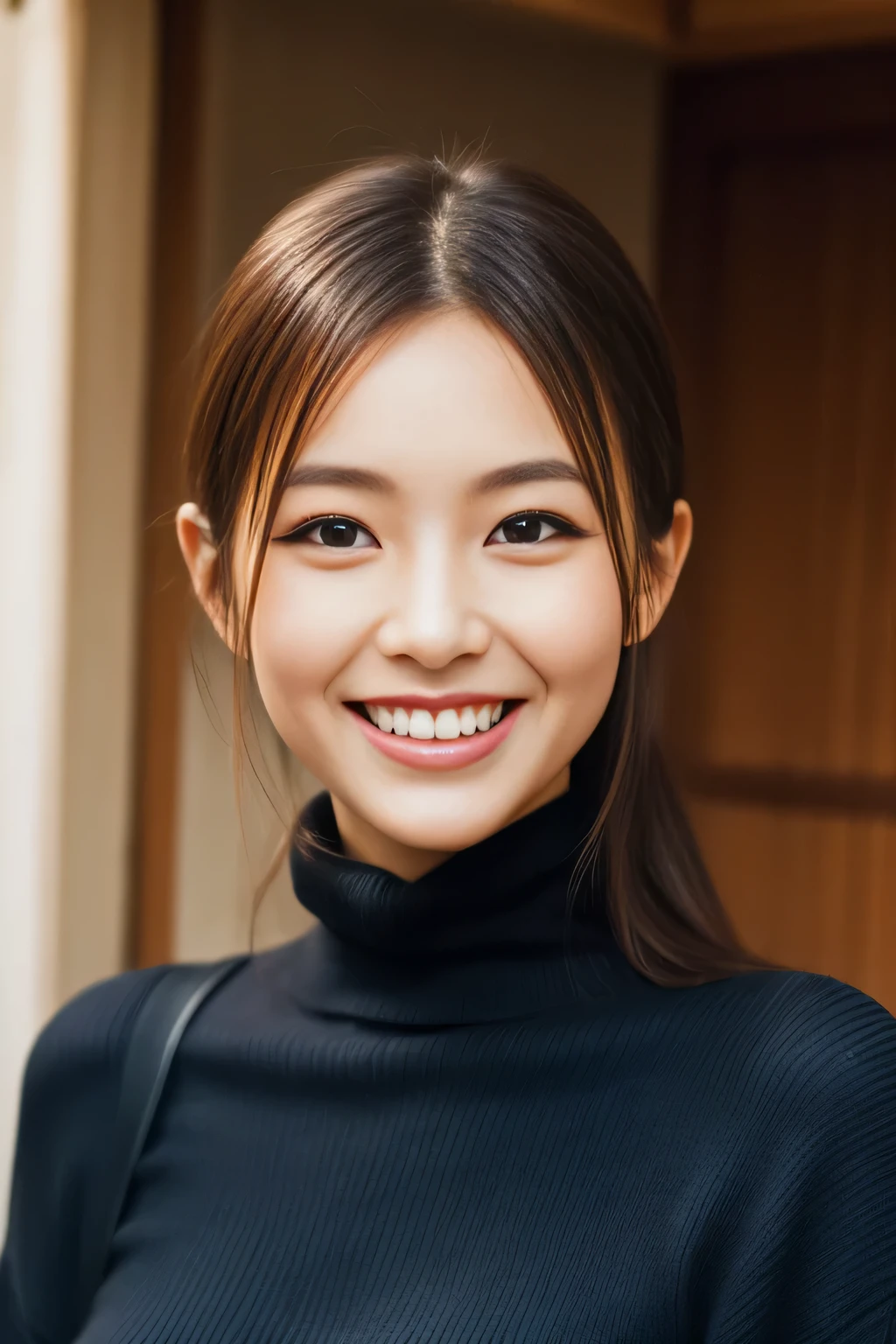 Hostess Face、turtleneck wool sweater、high quality、surreal、healthy、smile、Perfect slender figure、beauty of japan、 perfect eyes、beautiful skin、Upper body、The city of Kyoto