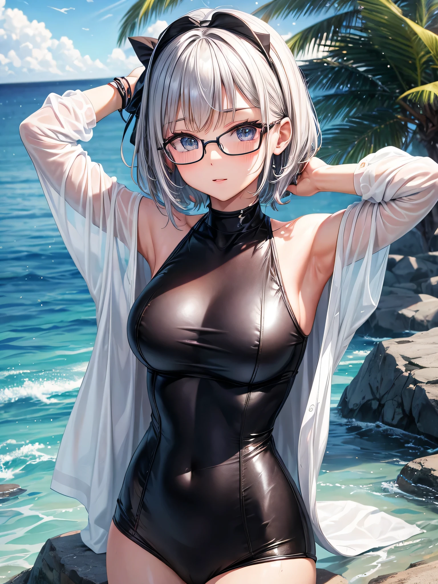 best image quality、8K、UHD、pieces fly、cute eyes、silver hair、Glasses、black metallic high neck swimsuit、short hair、Glassesをかけた短髪のsilver hair美女、Banzai、wet skin、