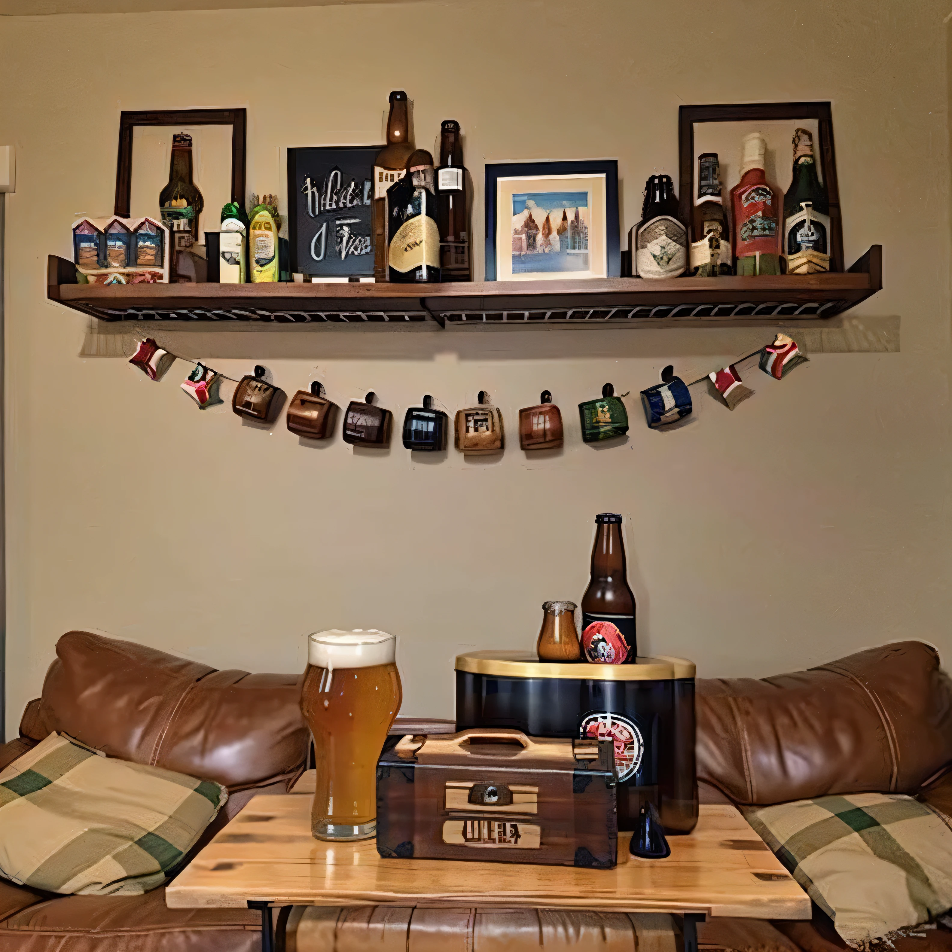 There is a small table there，There is a shelf on it，Place in the living room, placed in a large living room, There is beer on the shelf，Beer bar， Beautifully renovated