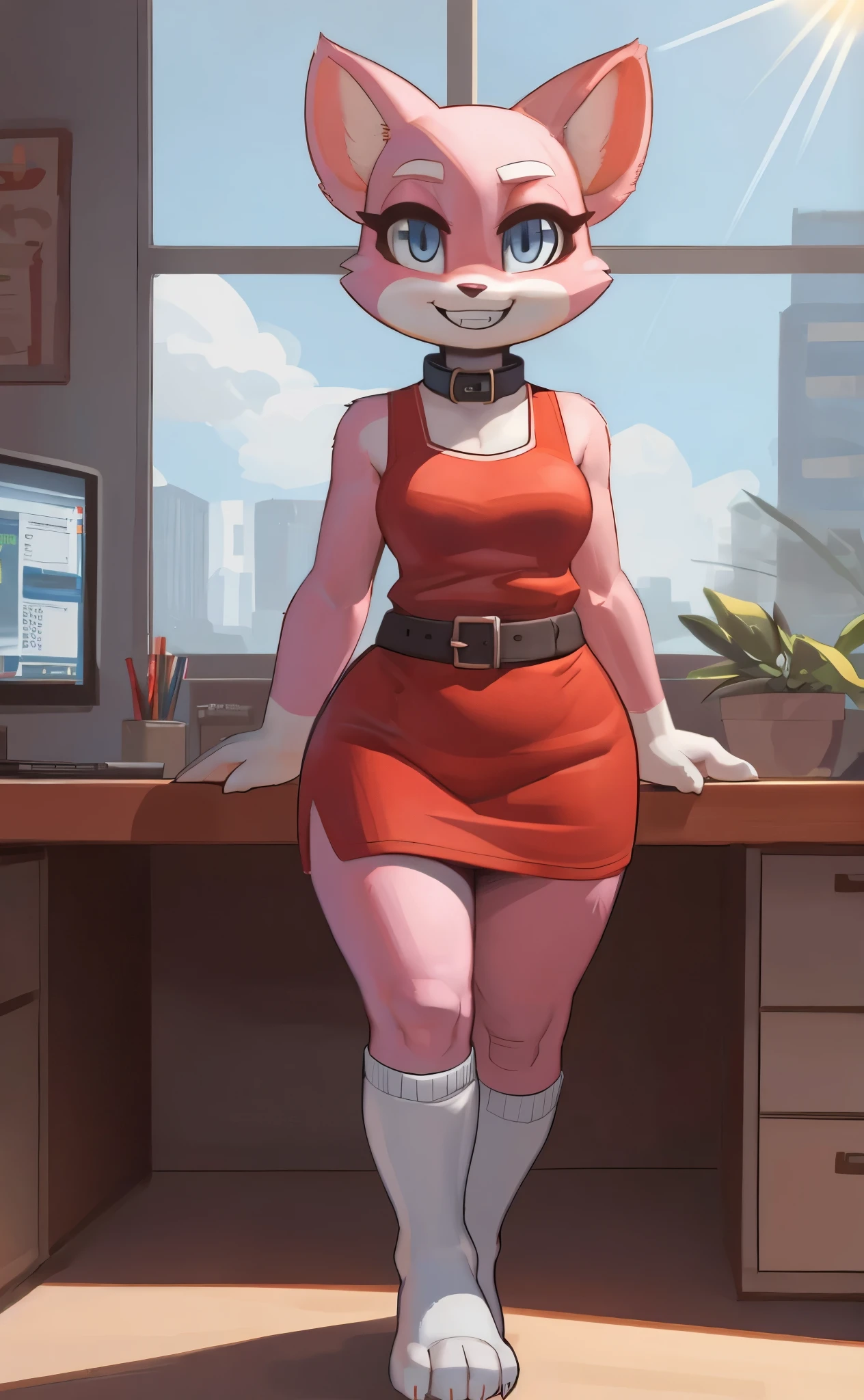 [Shima Luan], [planet dolan], [Uploaded to e621.net; (wamudraws), (Pixelsketcher)], [Uploaded to twitter.com: (@senip)], ((masterpiece)), ((HD)), ((high res)), ((solo portrait)), ((full body)), ((front view)), ((feet visible)), ((furry; anthro)), ((detailed fur)), ((detailed shading)), ((beautiful render art)), {female anthro cat; (pink fur), (white hands), (cute light-blue eyes), (long eyelashes), (white eyebrows), (sharp white claws), (curvy hips), (beautiful legs), (beautiful feet), (cute grin)}, {(red sleeveless dress), (short red pencil skirt), (waist belt), (black collar), (white socks)}, {(standing), (pigeon-toed), (looking at viewer)}, [background; (office), (desk), (computer), (window), (blue sky), (sun rays), (ambient lighting)]

