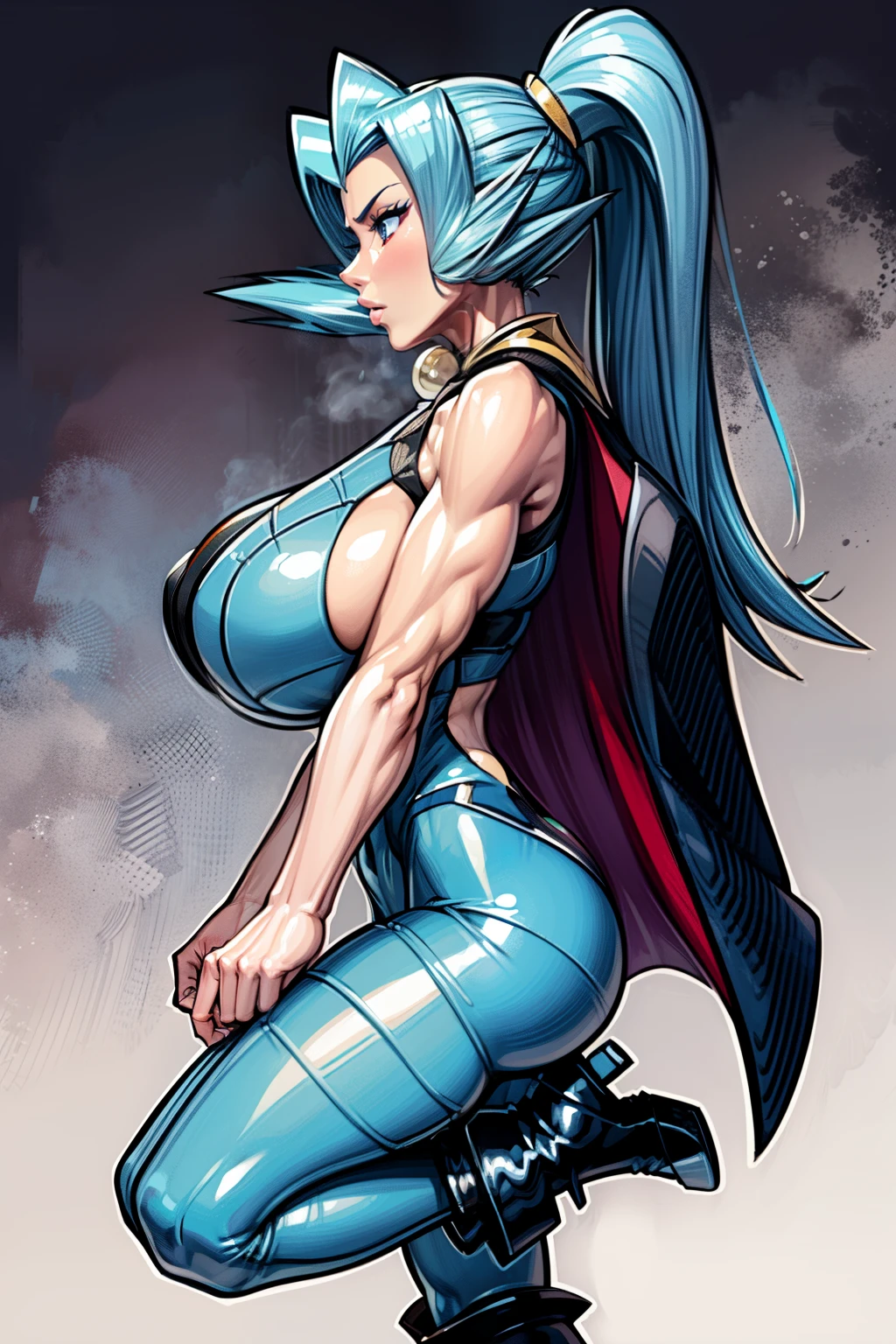(Side view:1.5), Generate an illustration of a mature Clair, gym leader of pokemon, ponytail, holding a poke all, de terno preto, long hair, hair flows straight down, darkblue hair, (gigantic breasts:1.4), blue outfit in anime format with a serious style, (black cape), blue tights, blue boots, gothic make up, masterpiece, ((dark lighting)), black background, puffy lips,slendered abs, beautiful face,