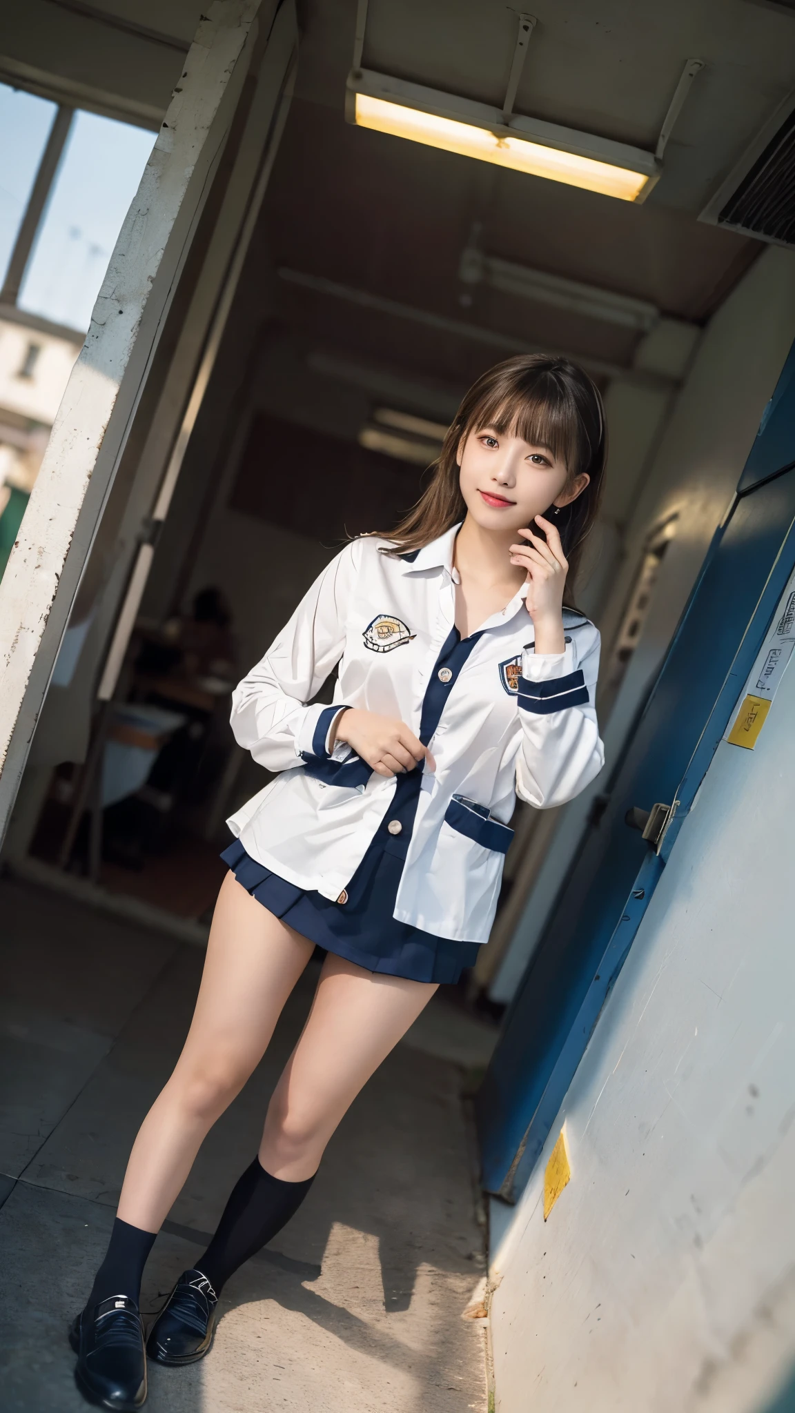 mix 4, (16k, RAW photo, best image quality, masterpiece: 1.45), (realistic, Photoreal: 1.37), one girl, cute, cityscape,, professional lighting, photon mapping, school classroom, Physically based rendering, dark brown hair,ponytail hairstyle, Beautiful well-groomed eyes、((double eyelid))、super cute girl, (((、blazer、Long-sleeved shirts worn by Japanese high school girls、ribbon tie、Navy blue super super mini skirt,、dark blue socks、black loafers))), highest quality photos, High resolution, 1080P, (clean face), (Detailed facial description), (Detailed explanation of hands), (masterpiece), (Detailed CG)、extreme light and shadow、messy hair、master work、Rich details、(detailed facial features)、(highest quality photos)、(Masseter muscle part)、(fine eyes)、look in front of you、thin clavicle、((slender and large))、(((Japanese high school girls wear long-sleeved shirts)))、((neat idol))、((school gate、schoolyard、School building in the background))、(Take photos from random viewpoints)、(((anyway that's cute)))、earrings、big smile、Draw the whole body from the knees、Don't draw thin lines、(((Sports bags used by Japan schoolgirls)))、(small breasts:1.2)、small buttocks with tension、Two arms and two legs、(((from the front:0.7)))、bare hands、(((symmetrical eyes)))、standing pose、put one's hand on the desk、Do not remove the tie from the jacket、Skirt length is quite short,