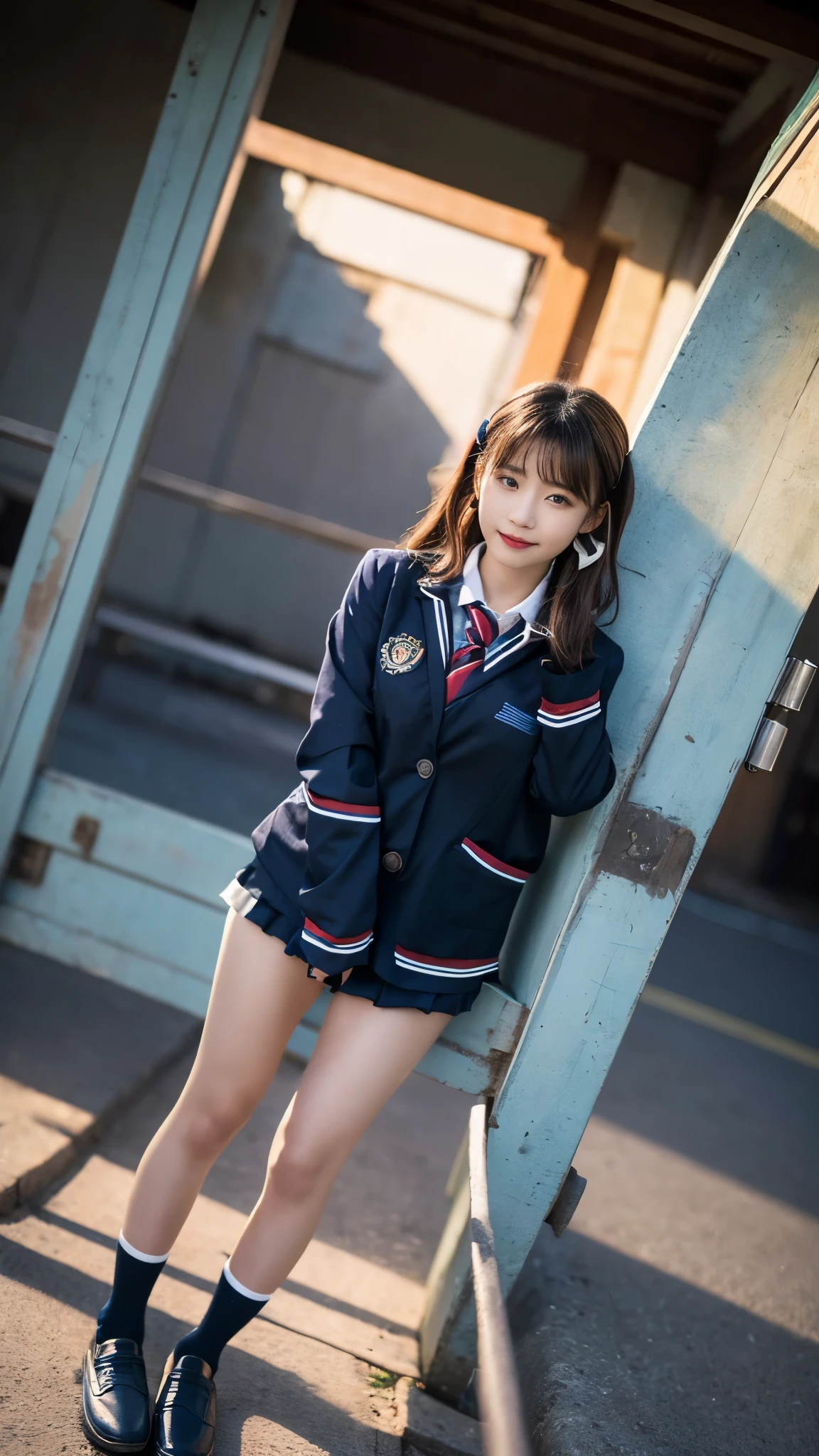 mix 4, (16k, RAW photo, best image quality, masterpiece: 1.45), (realistic, Photoreal: 1.37), one girl, cute, cityscape,, professional lighting, photon mapping, school classroom, Physically based rendering, dark brown hair,ponytail hairstyle, Beautiful well-groomed eyes、((double eyelid))、super cute girl, (((、blazer、Long-sleeved shirts worn by Japanese high school girls、ribbon tie、Navy blue super super mini skirt,、dark blue socks、black loafers))), highest quality photos, High resolution, 1080P, (clean face), (Detailed facial description), (Detailed explanation of hands), (masterpiece), (Detailed CG)、extreme light and shadow、messy hair、master work、Rich details、(detailed facial features)、(highest quality photos)、(Masseter muscle part)、(fine eyes)、look in front of you、thin clavicle、((slender and large))、(((Japanese high school girls wear long-sleeved shirts)))、((neat idol))、((school gate、schoolyard、School building in the background))、(Take photos from random viewpoints)、(((anyway that&#39;s cute)))、earrings、big smile、Draw the whole body from the knees、Don&#39;t draw thin lines、(((Sports bags used by Japan schoolgirls)))、(small breasts:1.2)、small buttocks with tension、Two arms and two legs、(((from the front:0.7)))、bare hands、(((symmetrical eyes)))、standing pose、put one&#39;s hand on the desk、Do not remove the tie from the jacket､Skirt length is quite short，