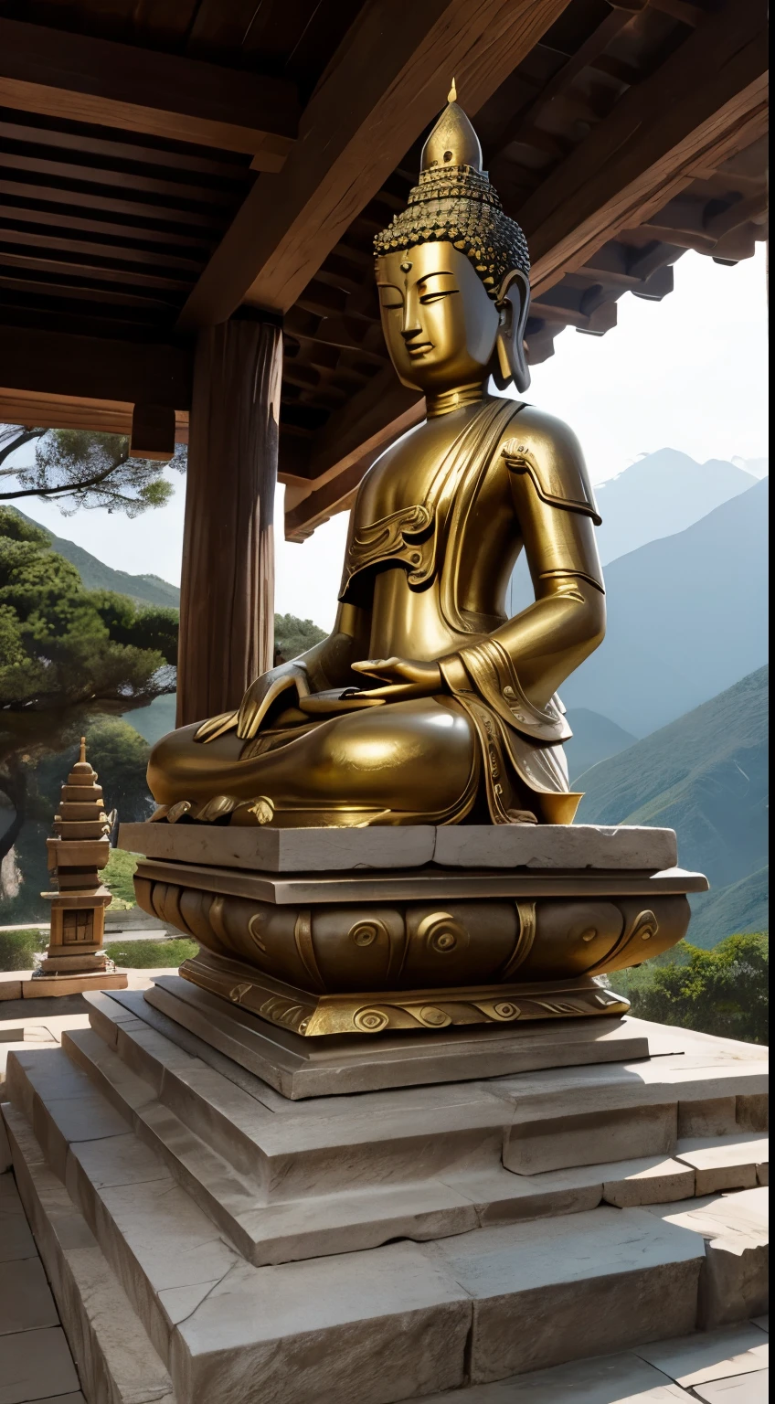 Magnificent peaks, Ancient temple, quiet atmosphere, sacred buddha statue, Devout admirers,